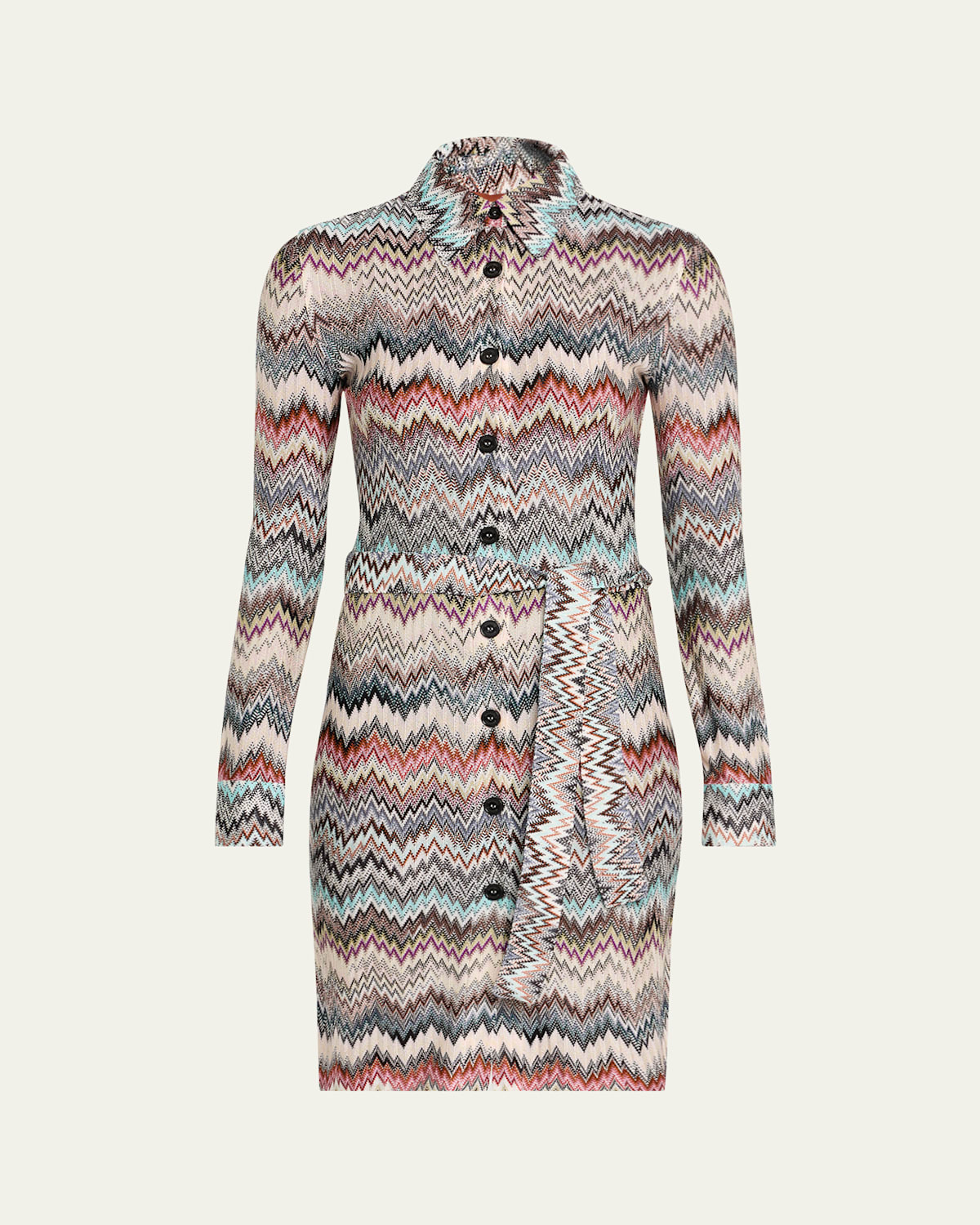 Chevron Belted Long-Sleeve Shirtdress