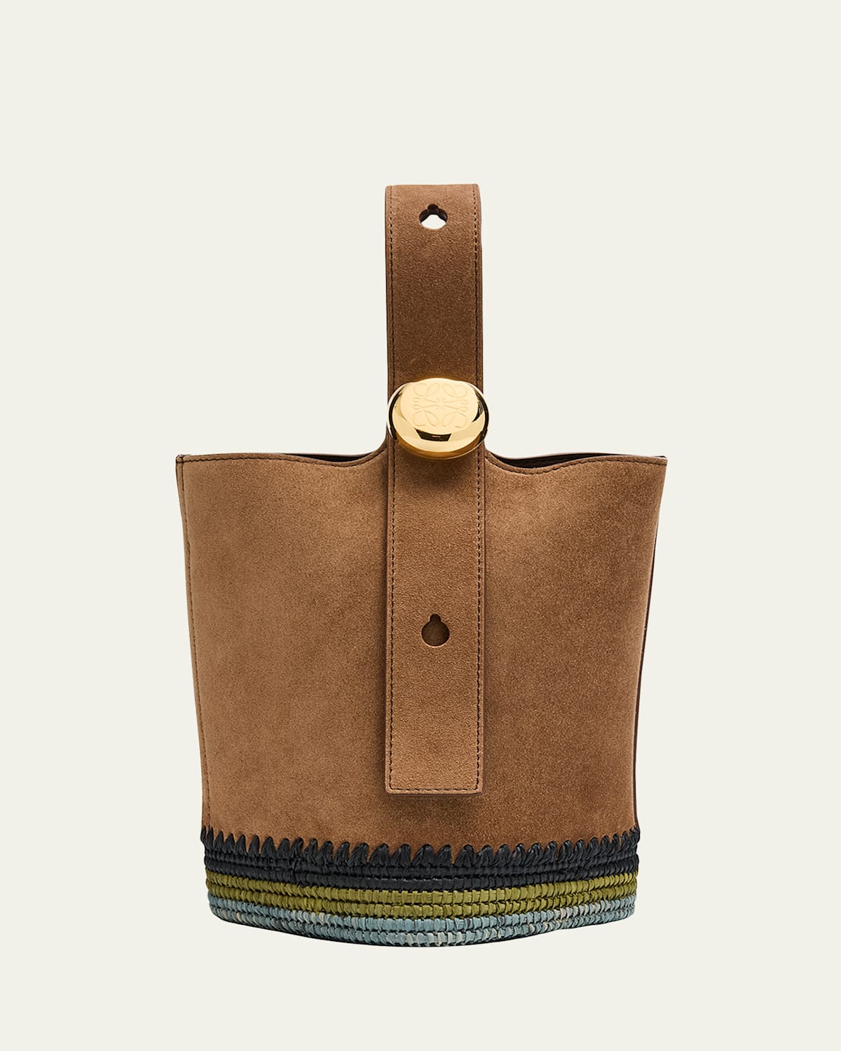 Pebble Raffia-Bottom Mini Bucket Bag in Suede