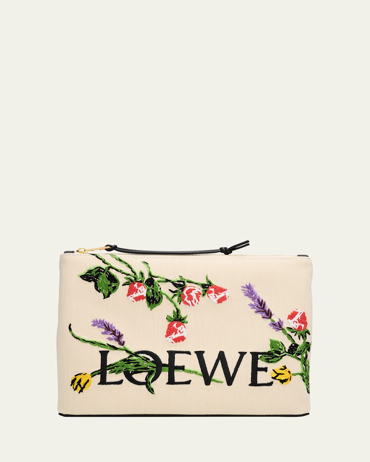 Loewe Oblong Pouch Bag In Canvas With Flowers In Ecru