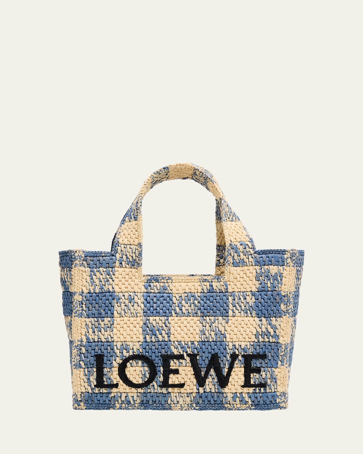Loewe Small Tote Bag In Gingham Raffia In Naturallight Blue