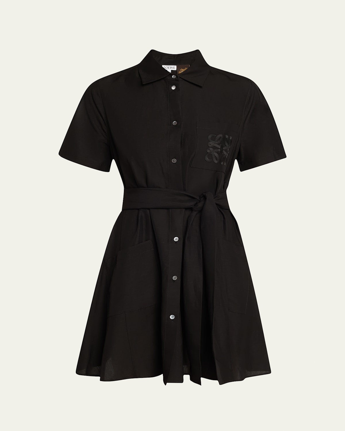 Anagram Pocket Short-Sleeve Belted Mini Shirtdress