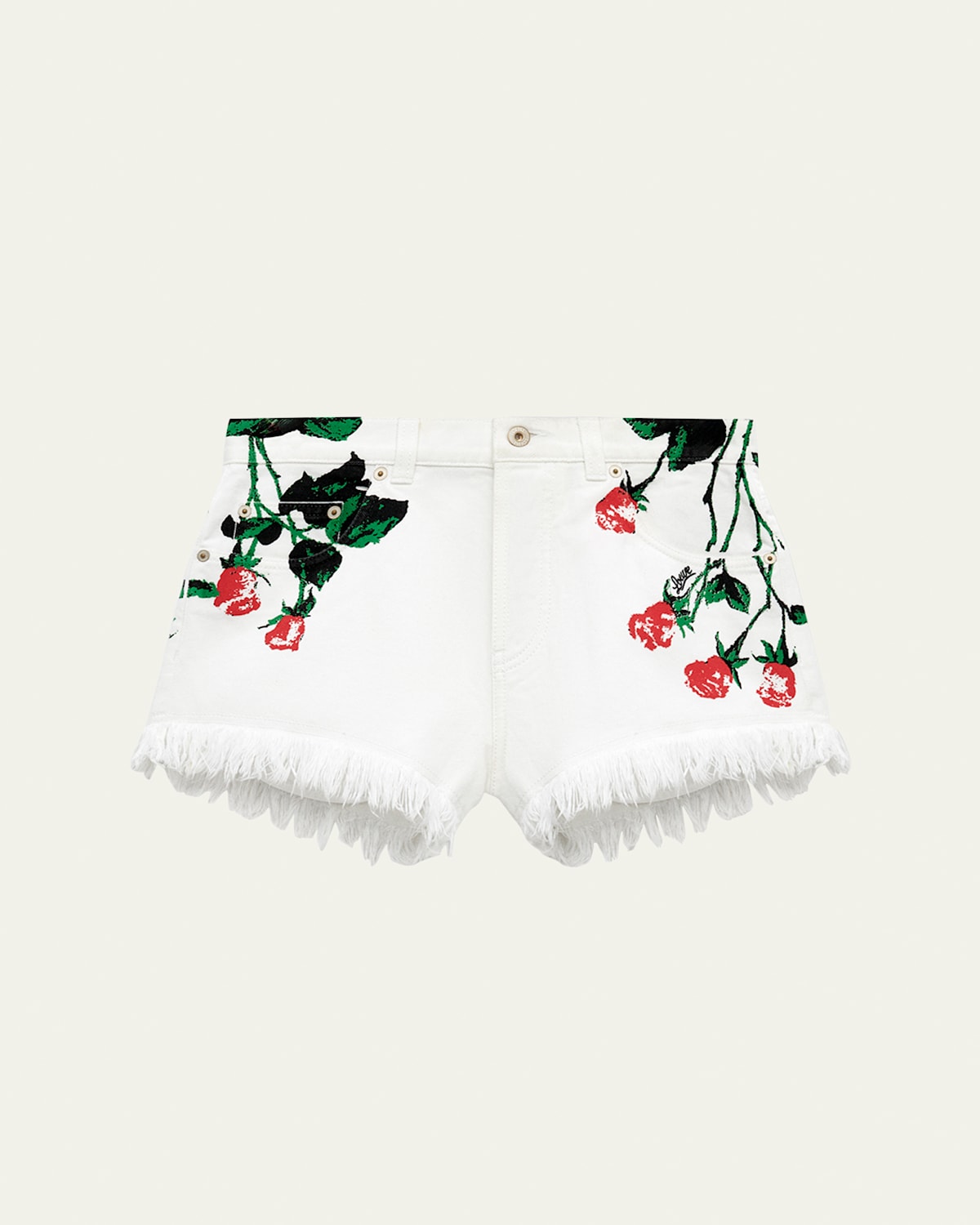 Loewe Flower-print Fringed Peekaboo Denim Shorts