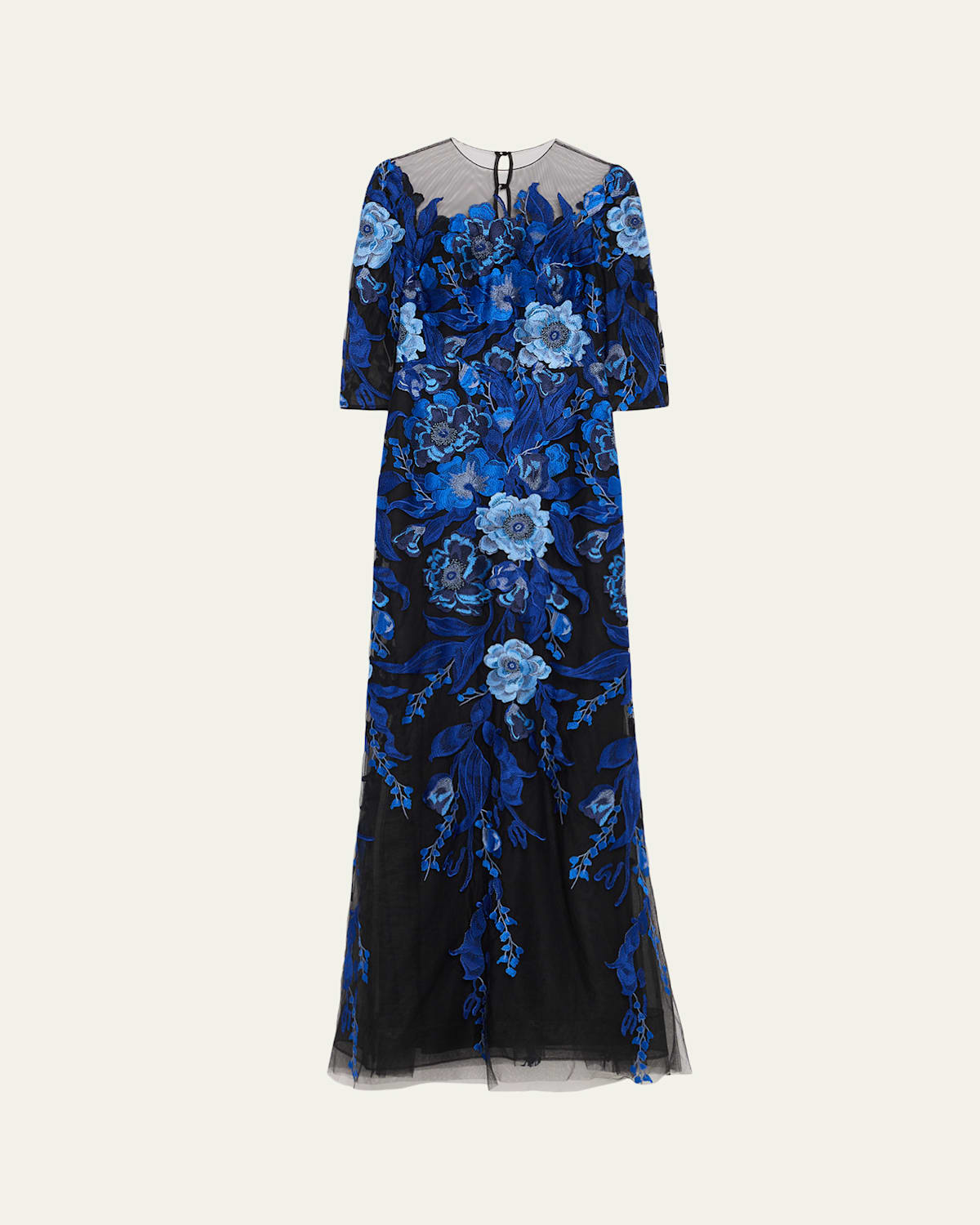Rickie Freeman For Teri Jon Floral Embroidered Tulle Gown In Blue