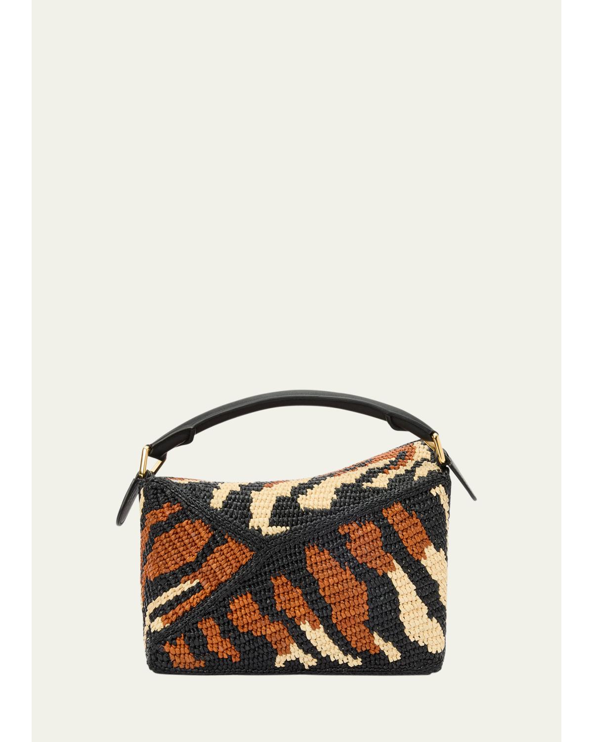 Puzzle Edge Small Top-Handle Bag in Raffia and Leather