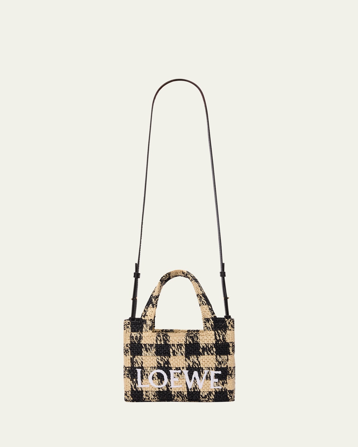 Loewe Mini Logo Tote Bag In Gingham Raffia In Natural Black