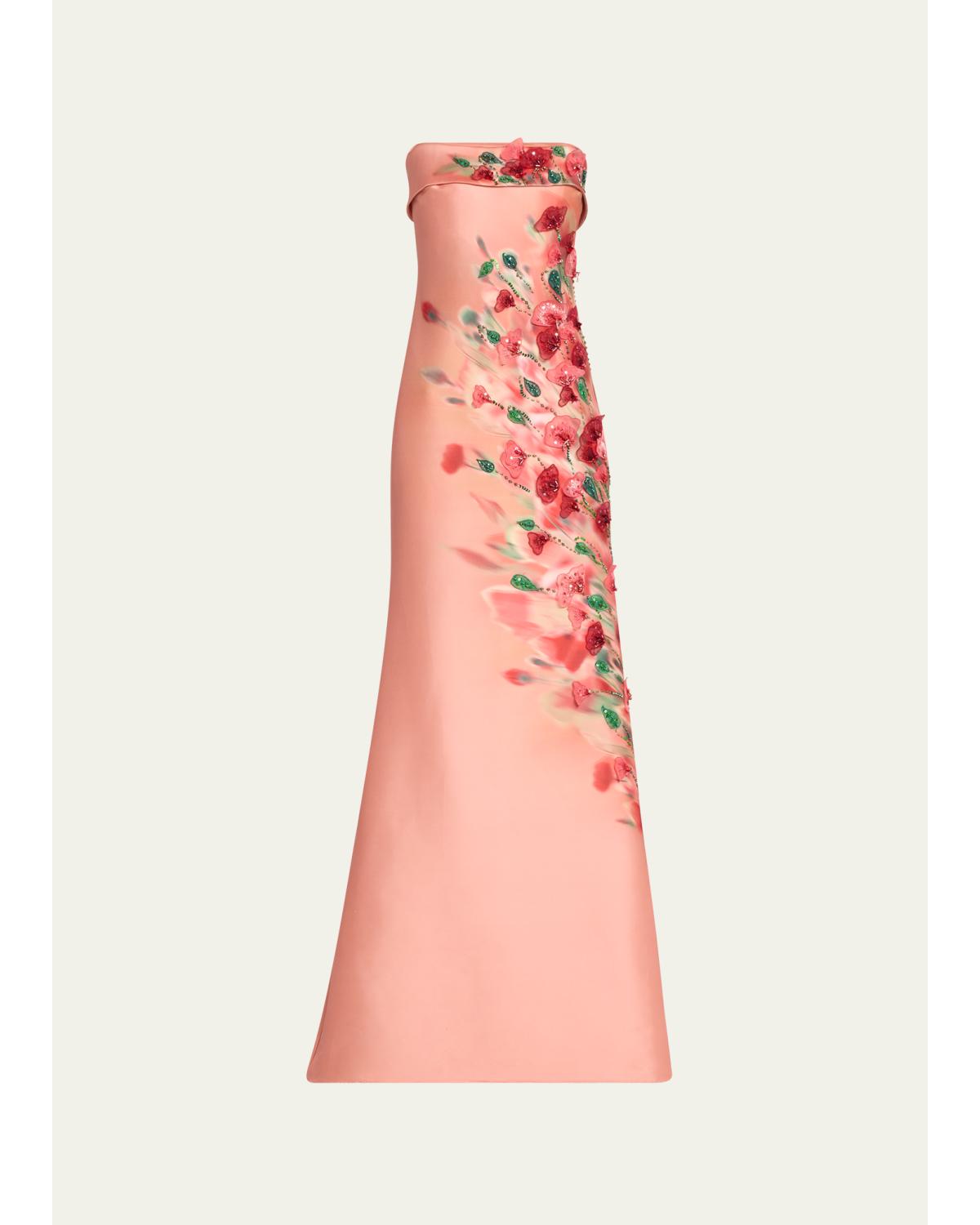 Strapless Embellished Floral-Print Gown
