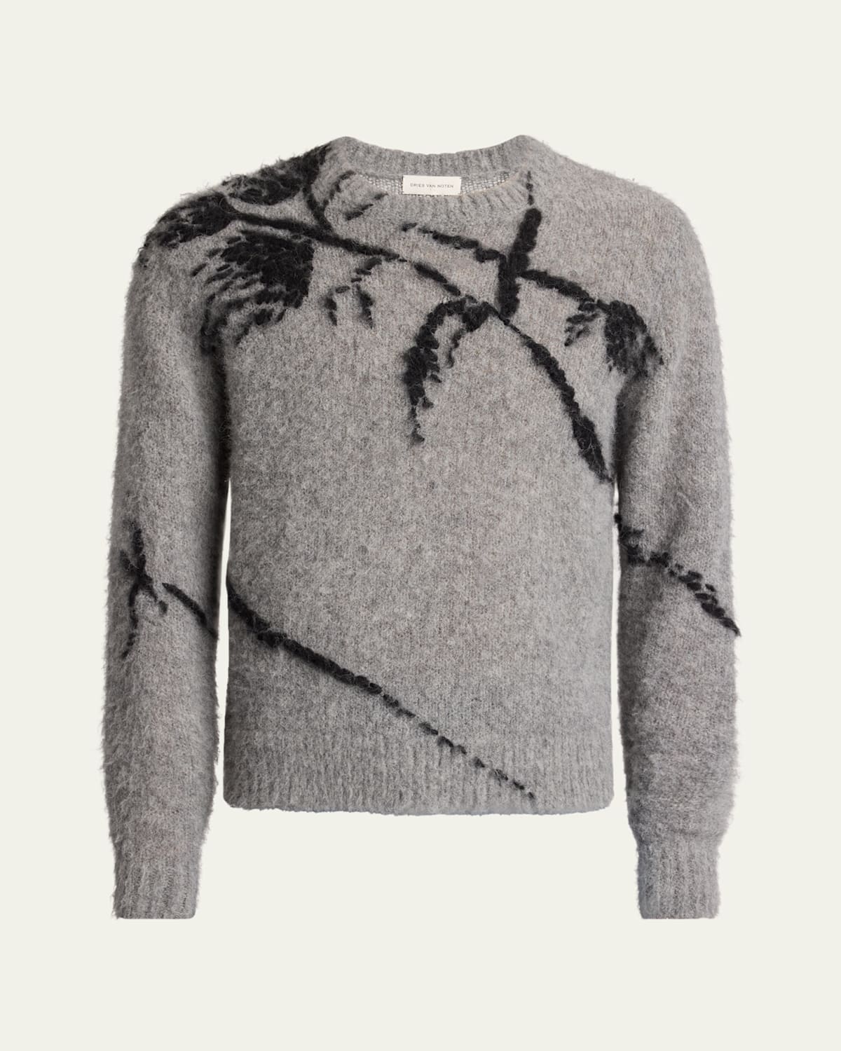 Dries Van Noten Men's Mouche Foliage Knit Crewneck Sweater In Gray