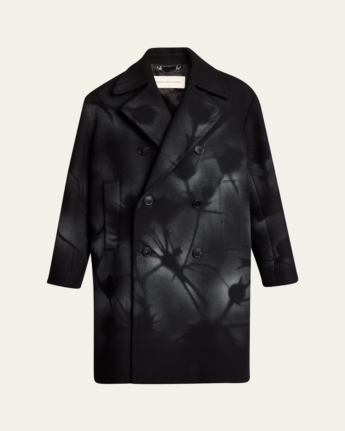 Dries Van Noten Men's Racos Printed Double-breasted Coat In Black