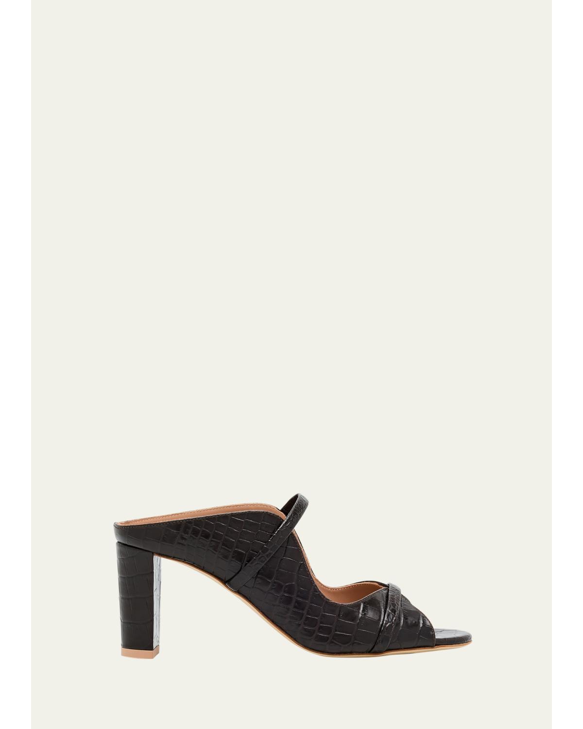 Norah Croc-Embossed Leather Double-Strap Mule Sandals