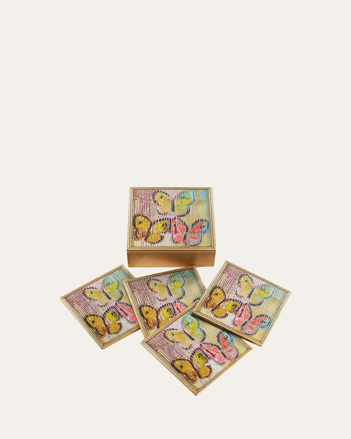 Hunt Slonem Lakeside Butterflies Gold Leaf Coaster Box, Set Of 4 In Multi Color