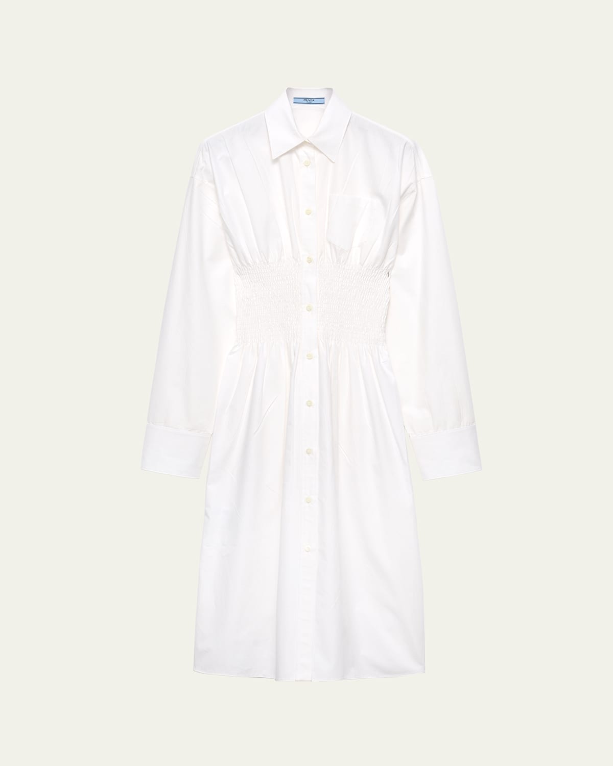 Prada Smocked Canvas Fit-and-flare Midi Shirt Dress In F0009 Bianco