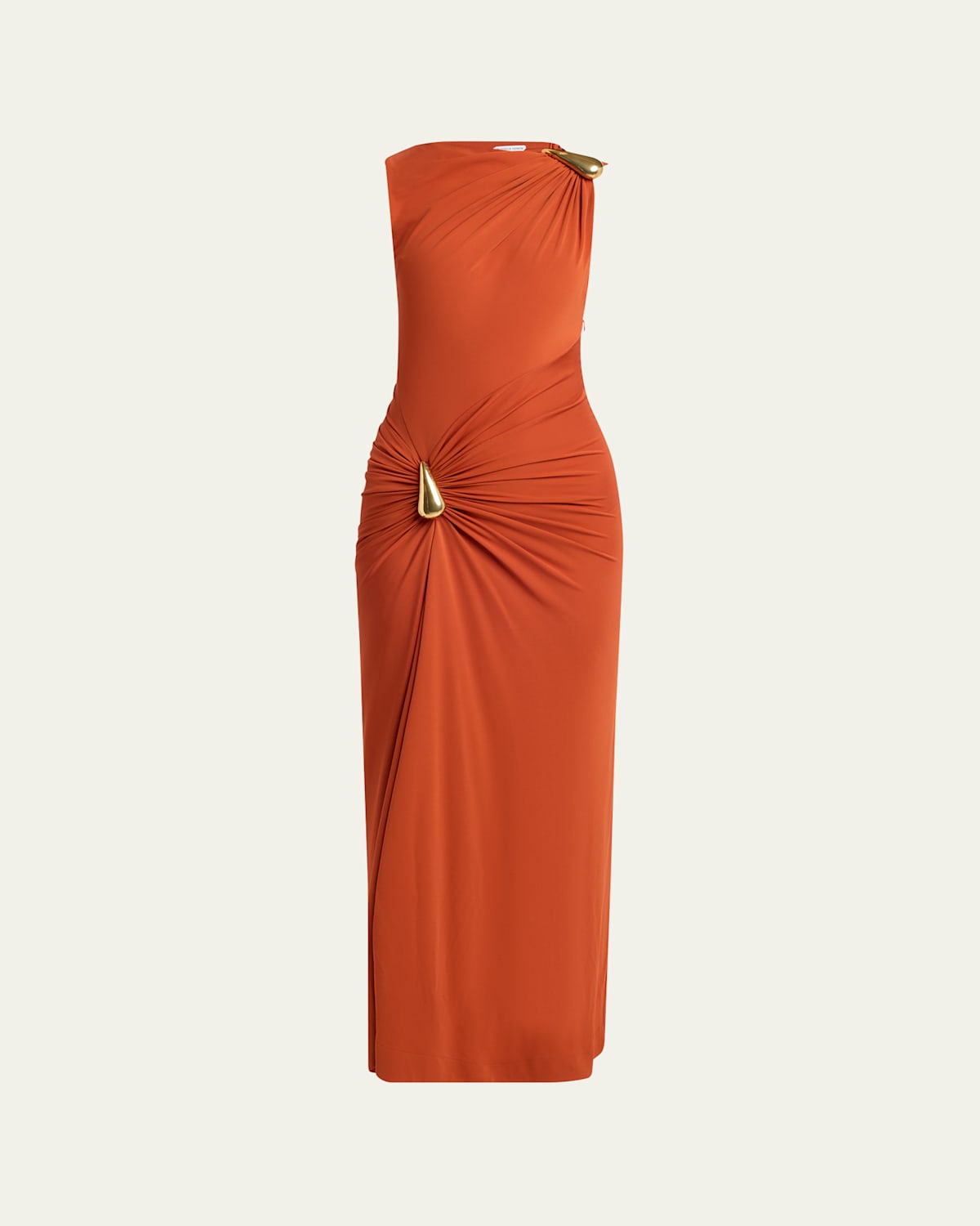 BOTTEGA VENETA DROP DETAIL GATHERED MATTE CREPE JERSEY MAXI DRESS 