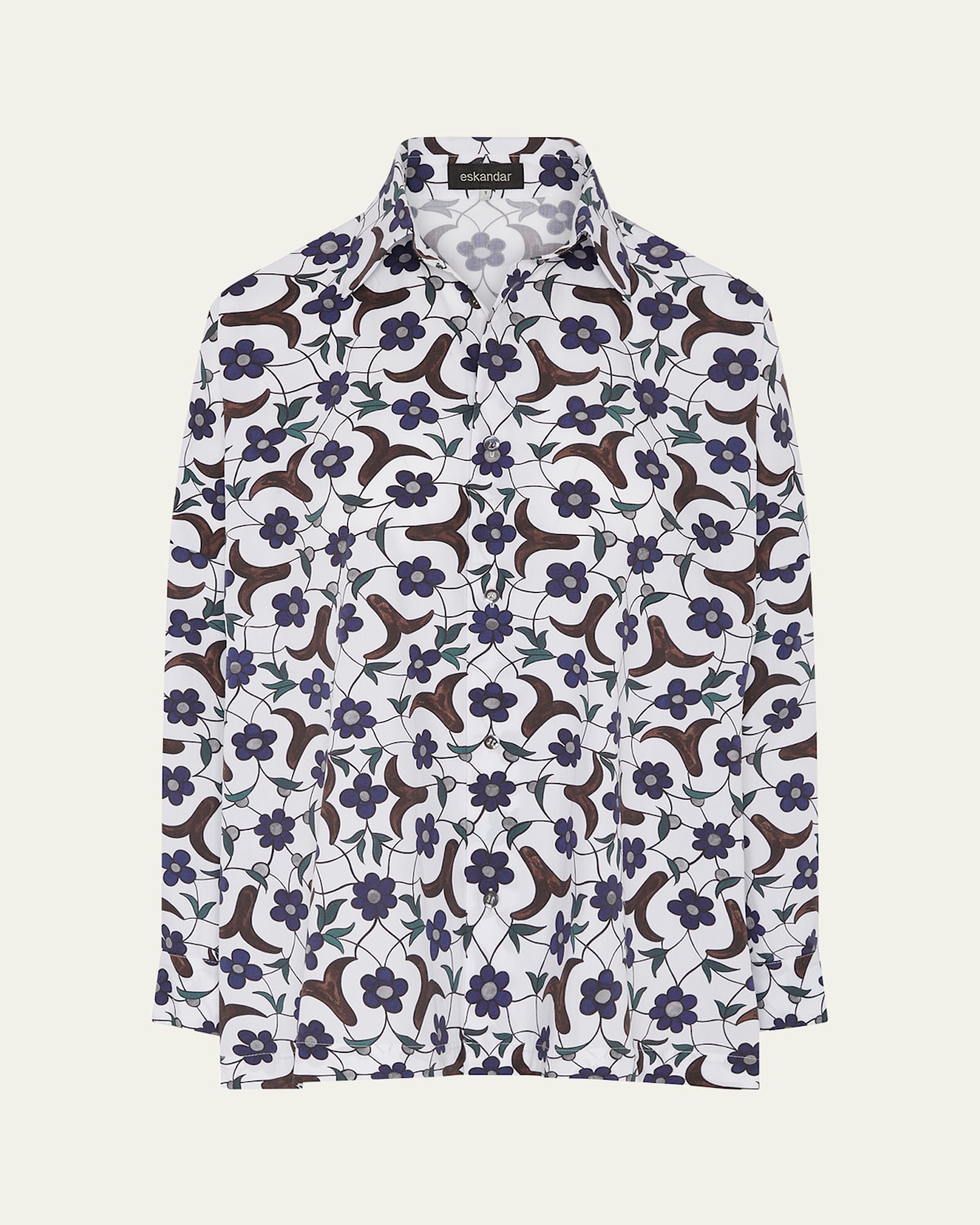 Cotton Buds Flowers Tile-Print Wide Longer-Back Shirt With Collar (Mid Plus Length)