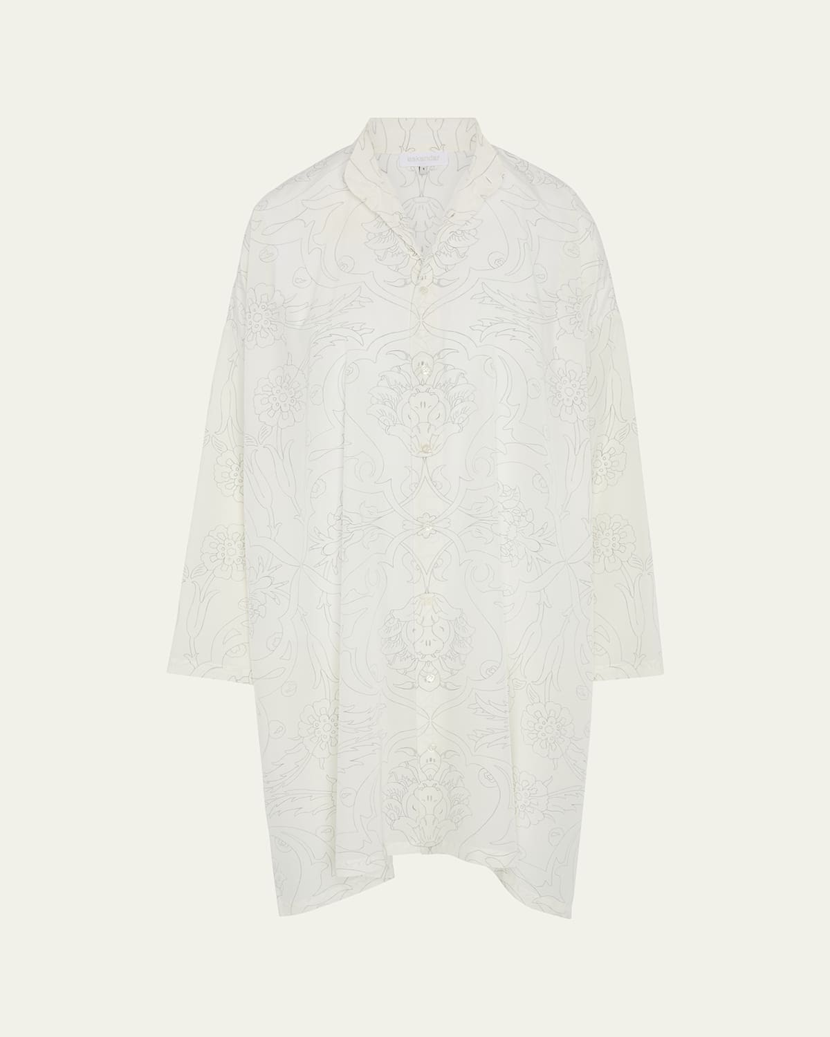 Tile-Print Ottoman Wide A-Line Collarless Shirt With Slits (Very Long Length)