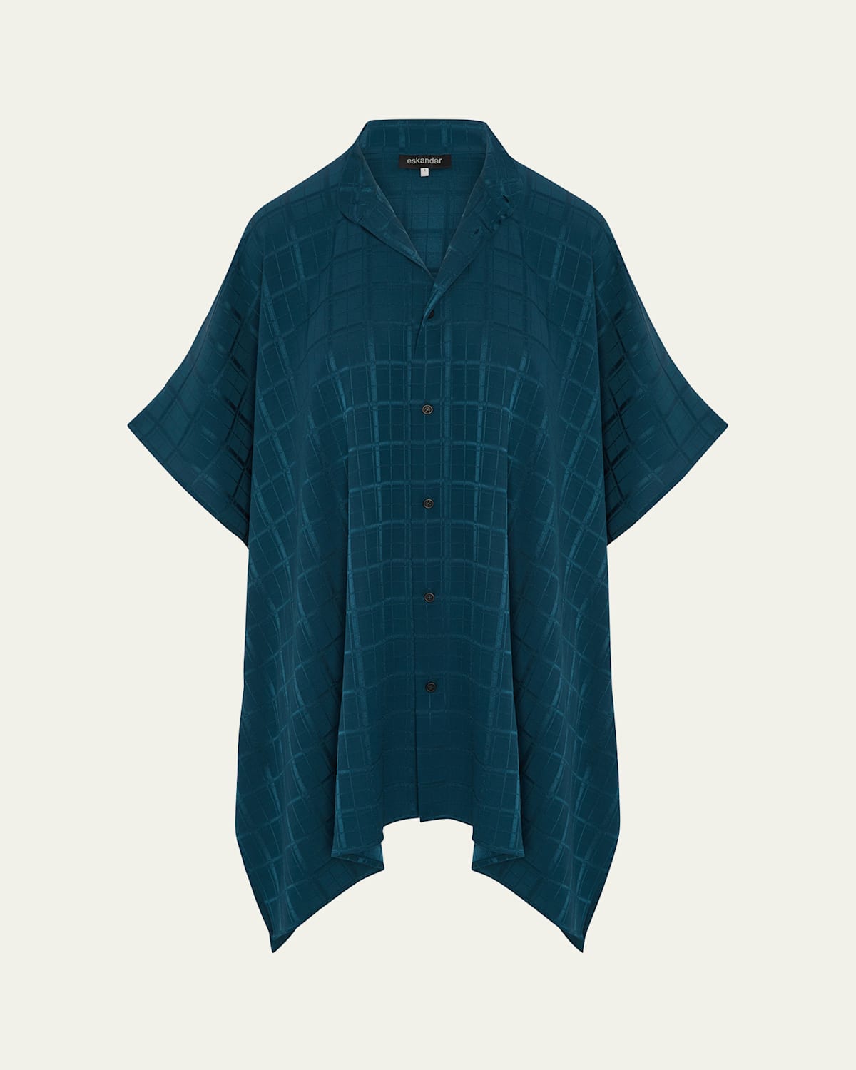 Satin Box Check Jacquard Collarless Longer-Back Kaftan Shirt (Long Plus Length)