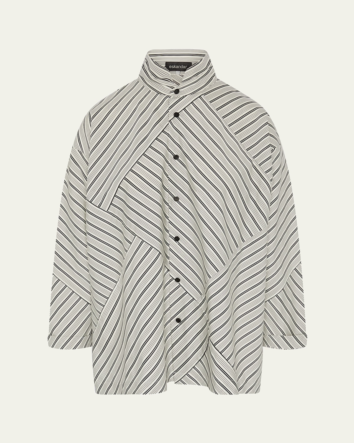Raised Twist Stripe Patchwork Slim A-Line Double Stand-Collar Shirt With Stepped Insert (Long Length)