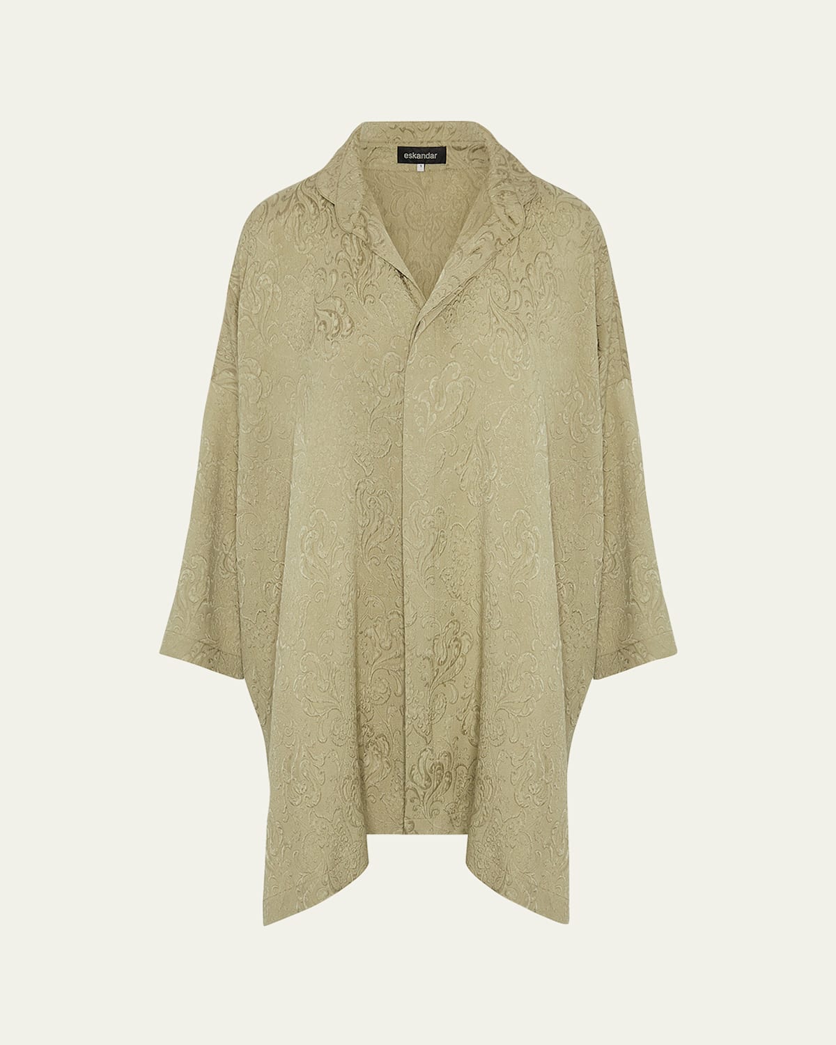Eskandar Damask Cloque Wide Longer-back Double Stand-collar Shirt With Slits (very Long Length) In Green