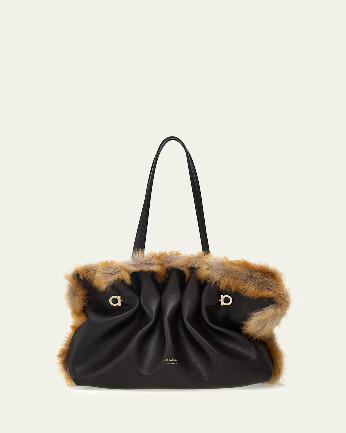 Ferragamo Pinch Soft Shearling-trim Leather Shoulder Bag In Black