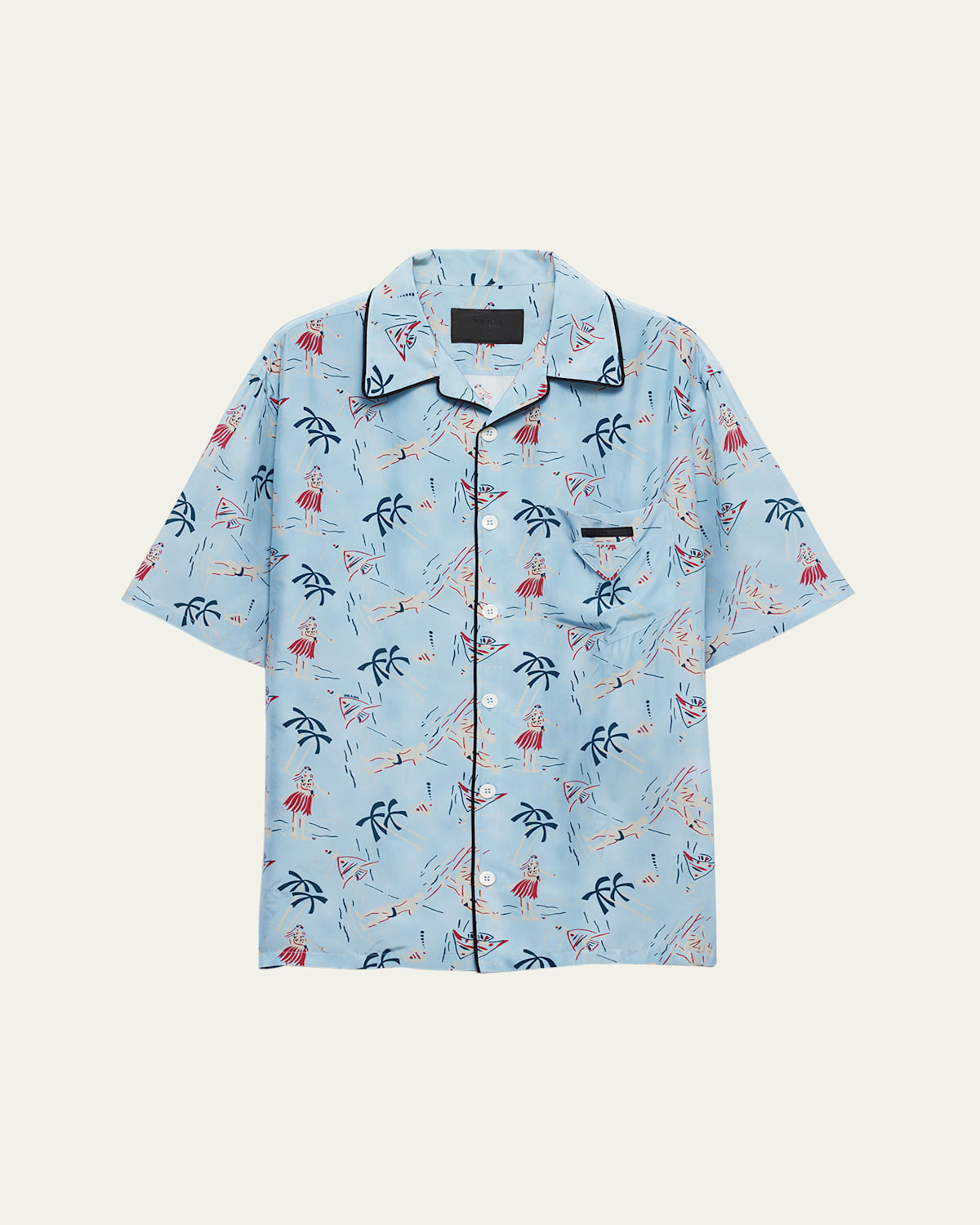 Prada Satin Shirt With Printed Design And Pocket In Blue