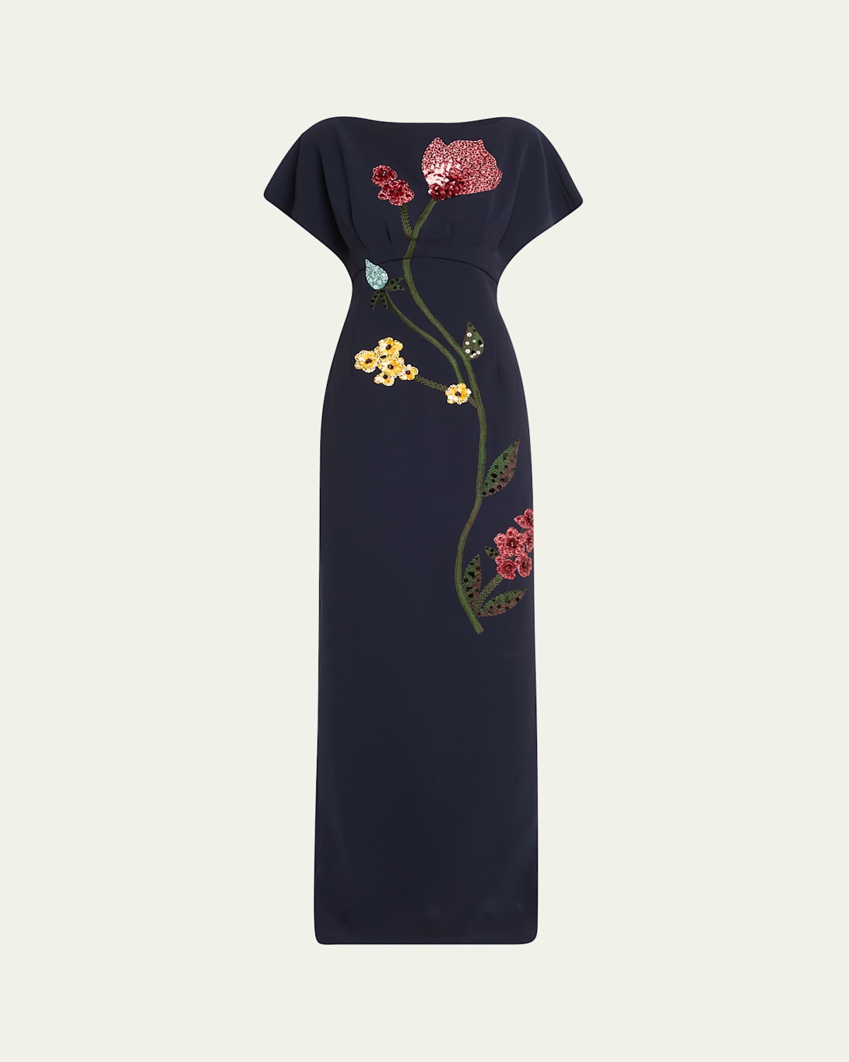 Lela Rose Savannah Sequined Floral Embroidered Empire Gown In Blue