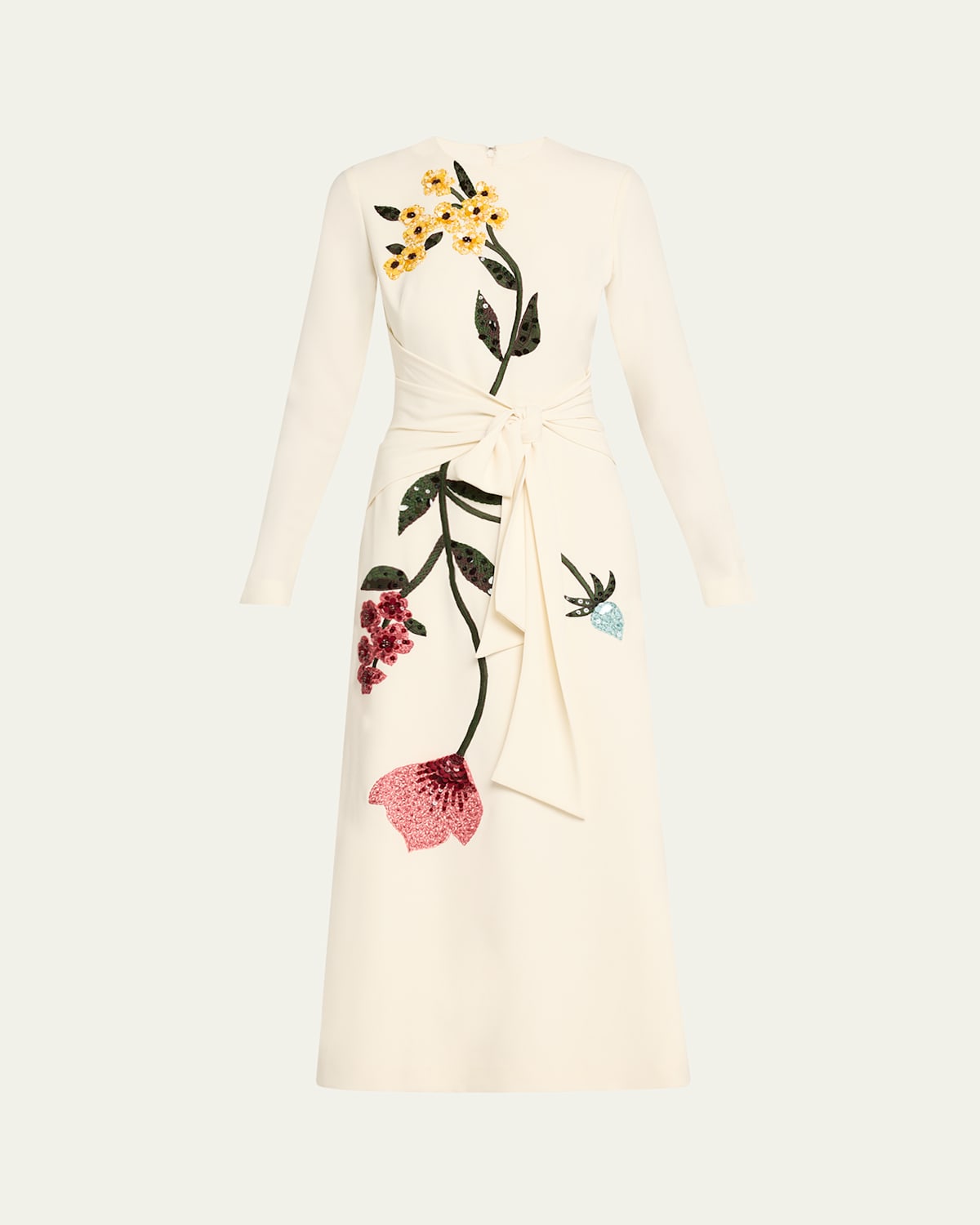 Lela Rose Floral Embroidered Long-sleeve Tie Waist Midi Dress In White