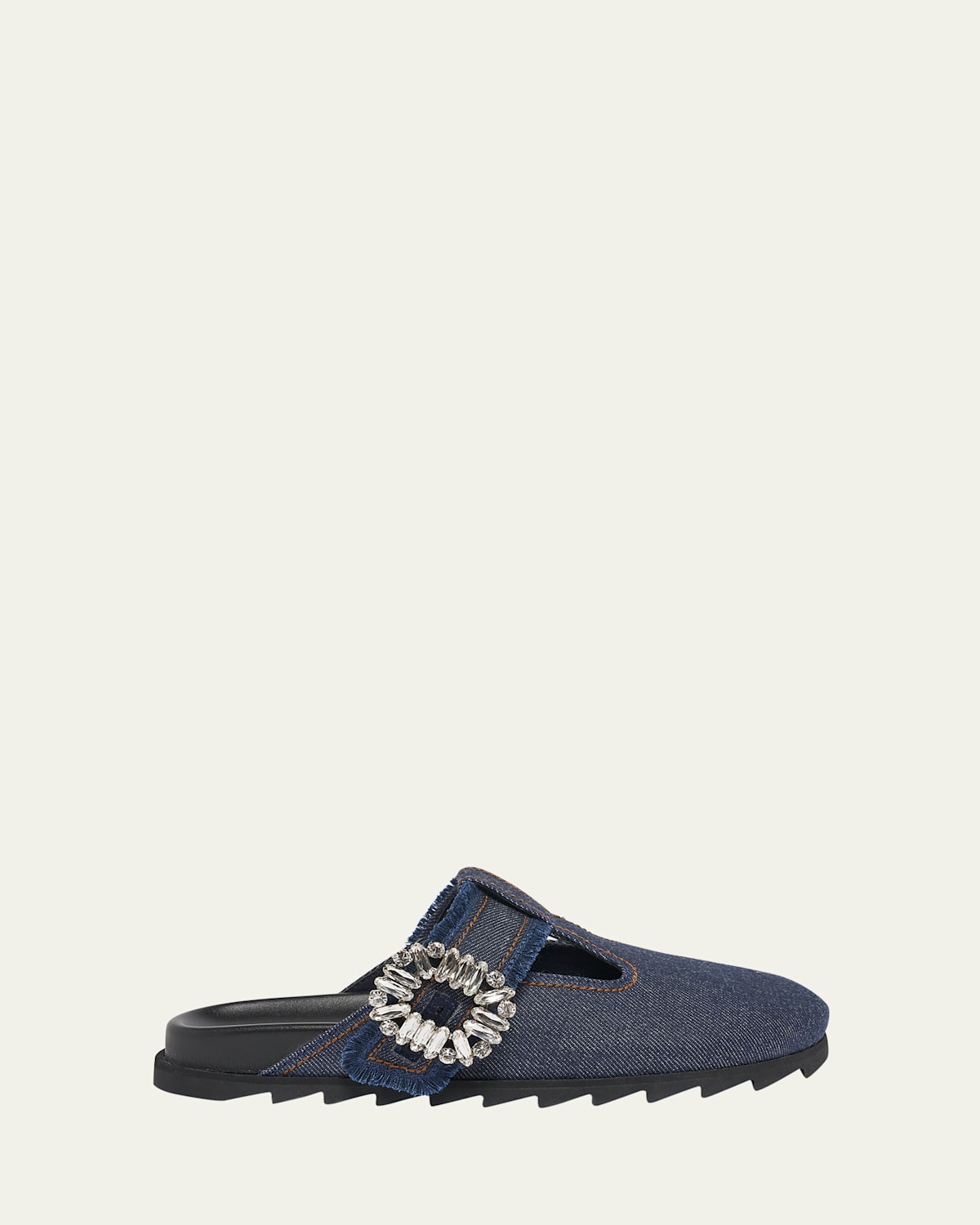 Roger Vivier Denim Crystal Buckle T-strap Mule Clogs