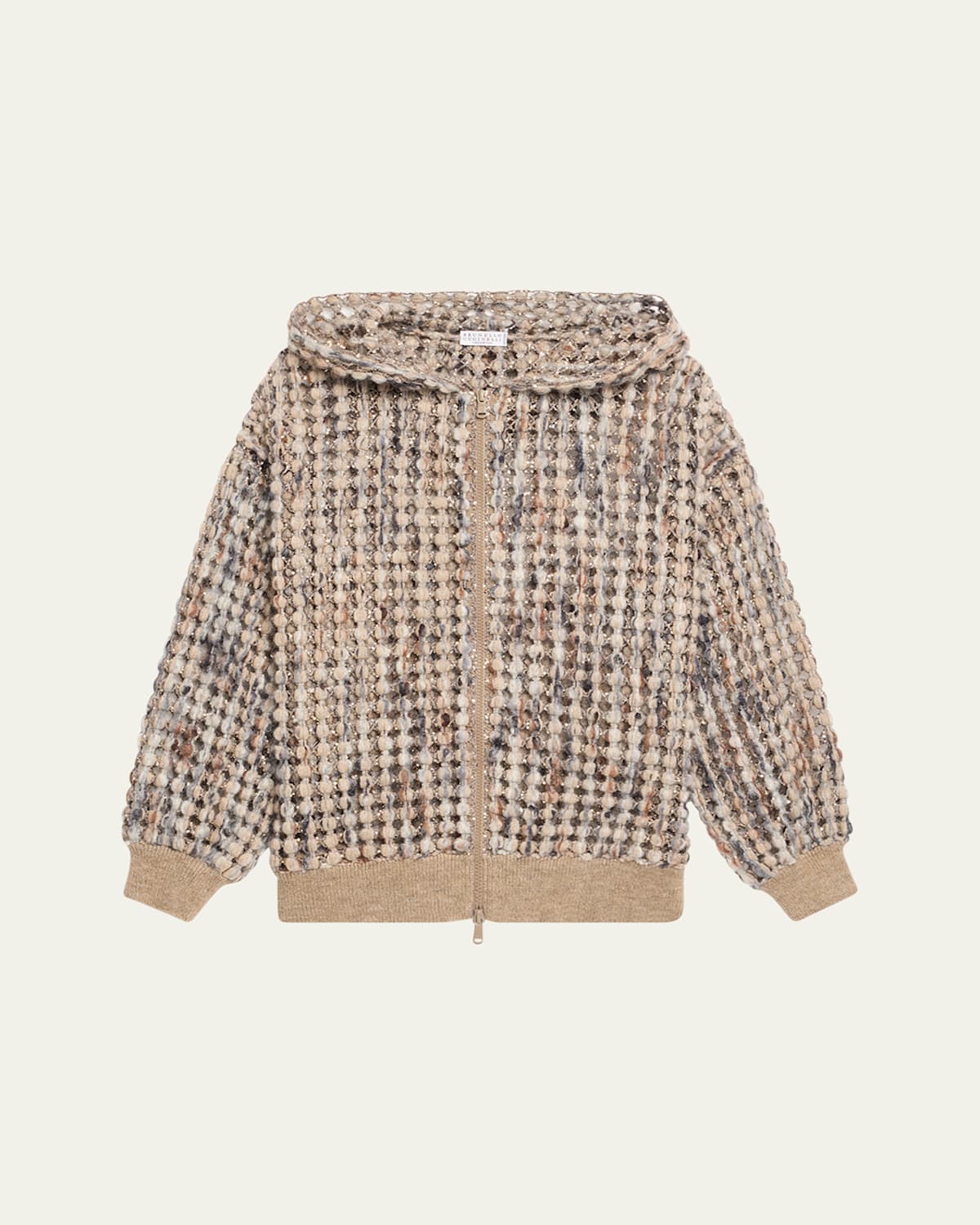 Brunello Cucinelli Pailette Wool-cashmere Net Balloon-sleeve Zip Hoodie In Multi