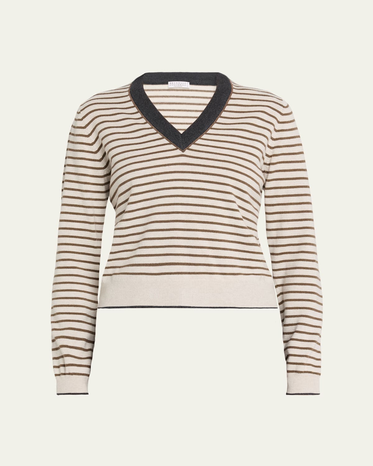 Brunello Cucinelli Striped Wool-cashmere V-neck Sweater In Neutral
