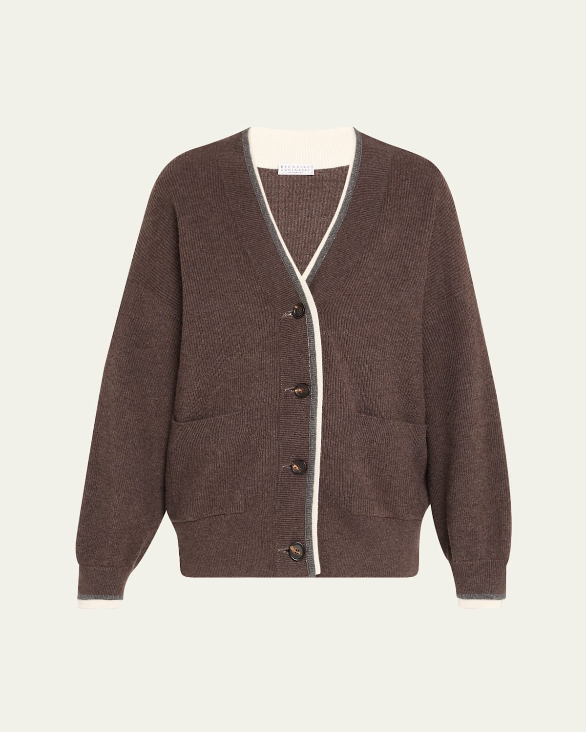 Brunello Cucinelli Wool-cashmere Contrast Stripe V-neck Cardigan In Brown
