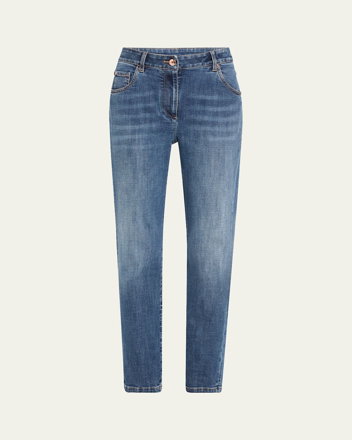 Brunello Cucinelli Embellished Skinny Cotton Jeans With Contrast Stitching In Blue