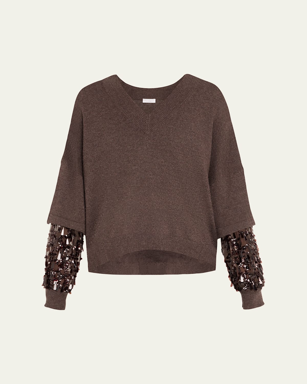 Brunello Cucinelli Cashmere And Embroidered Organza Sweater In Brown
