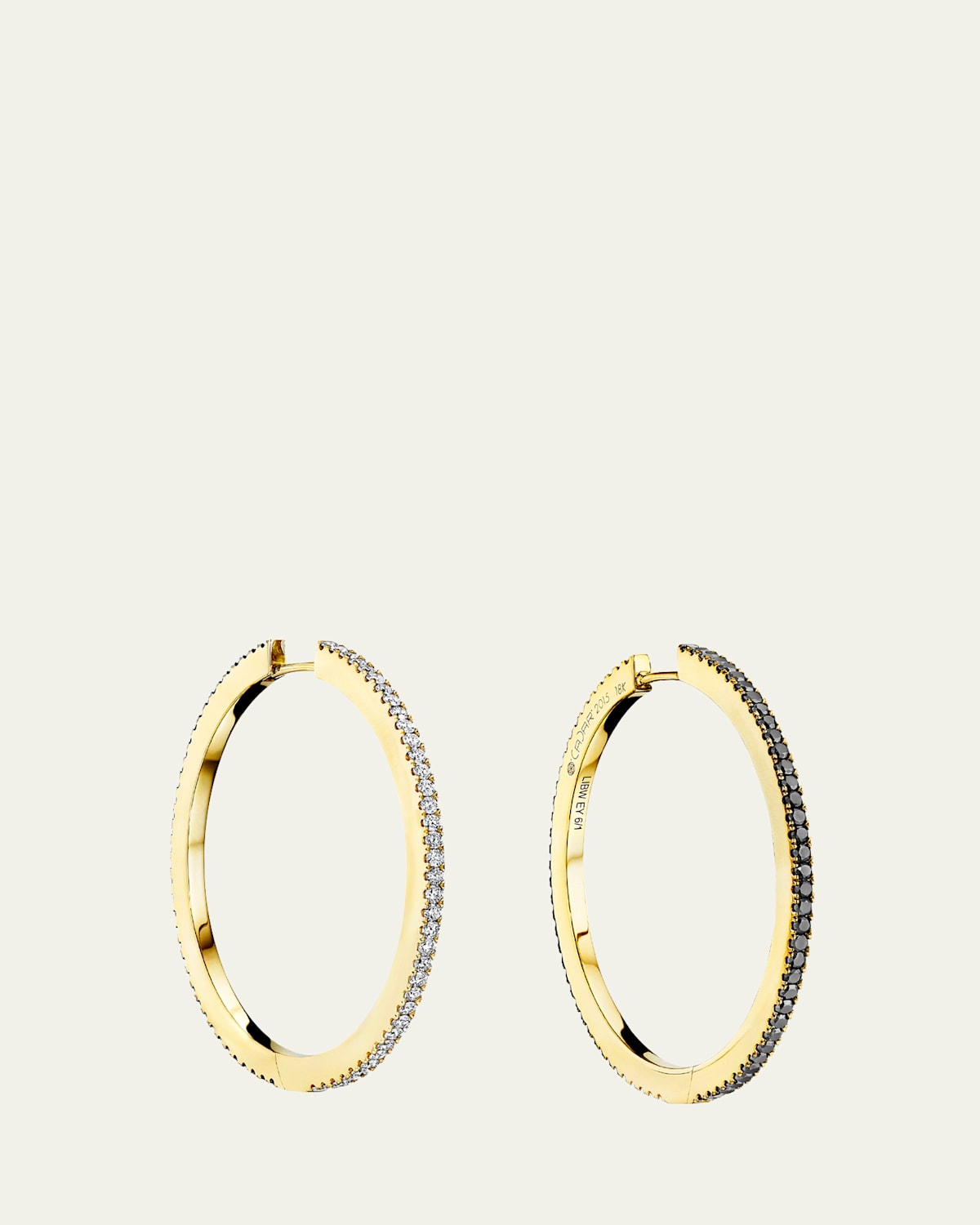 18K Gold SOLO Hoop Earrings with White Diamonds and Black Diamonds, Large 38mm