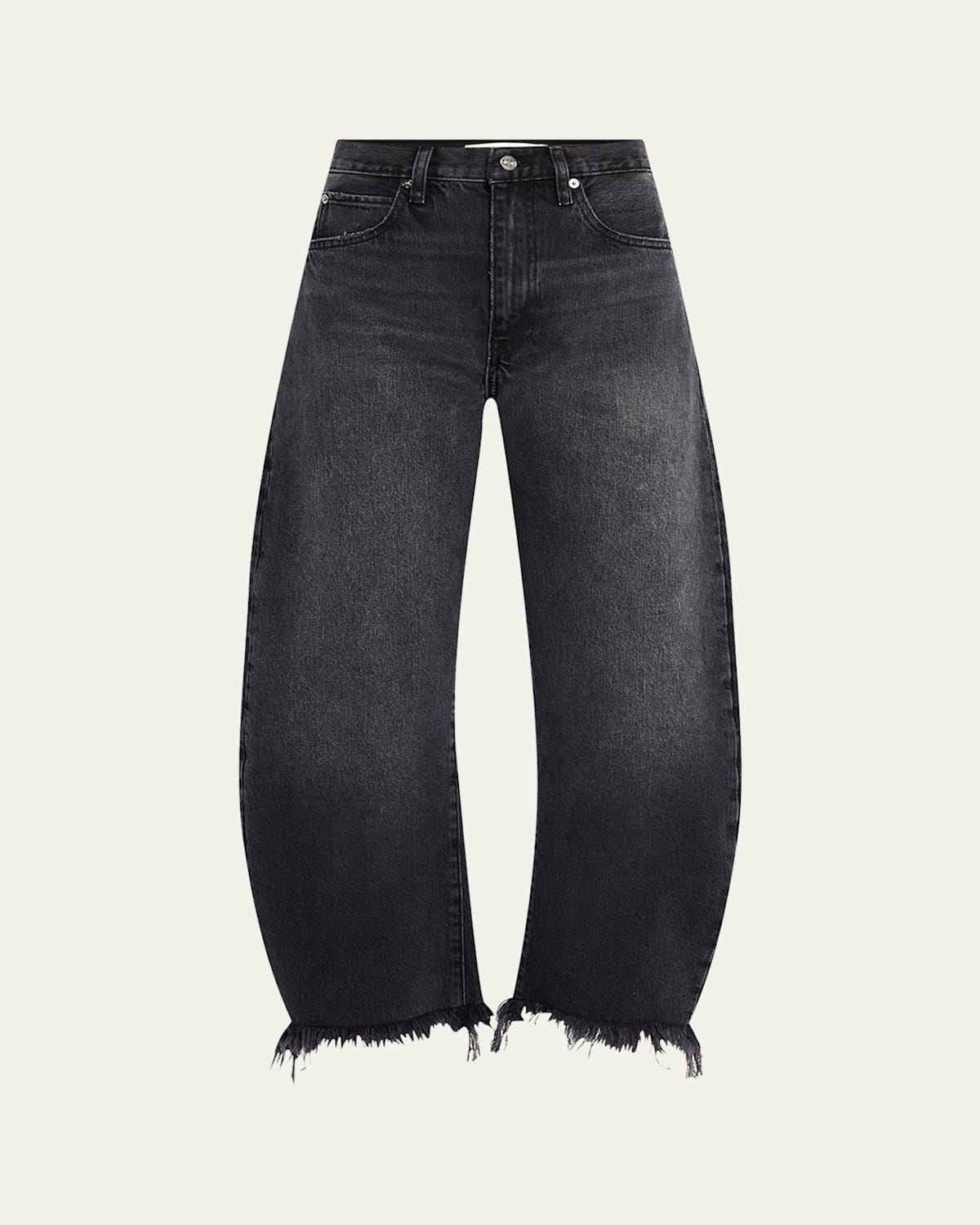 Frame The Bubble Cropped Frayed High-rise Barrel-leg Jeans In Black