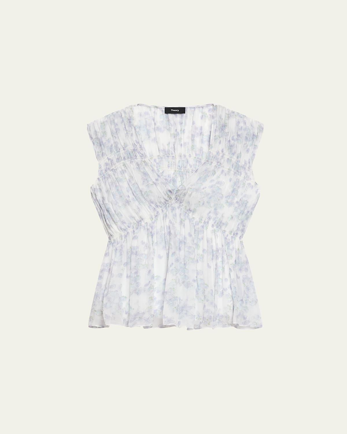 Theory Ruched Sleeveless Top In Floral Silk In White