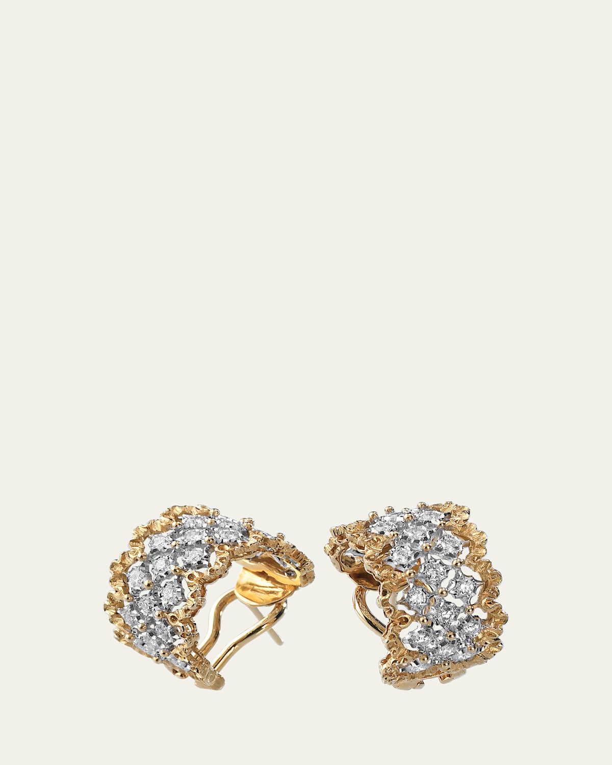 Rombi 18K Yellow Gold and White Gold Diamond Huggie Earrings