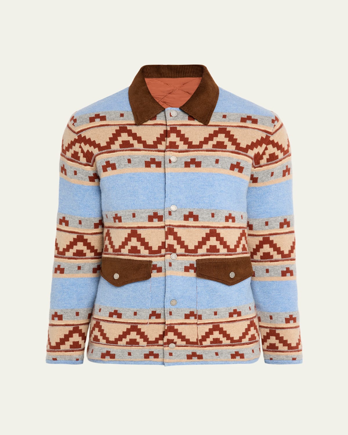 Guest In Residence Patterned Blue Jacket With Corduroy Collar In Multi