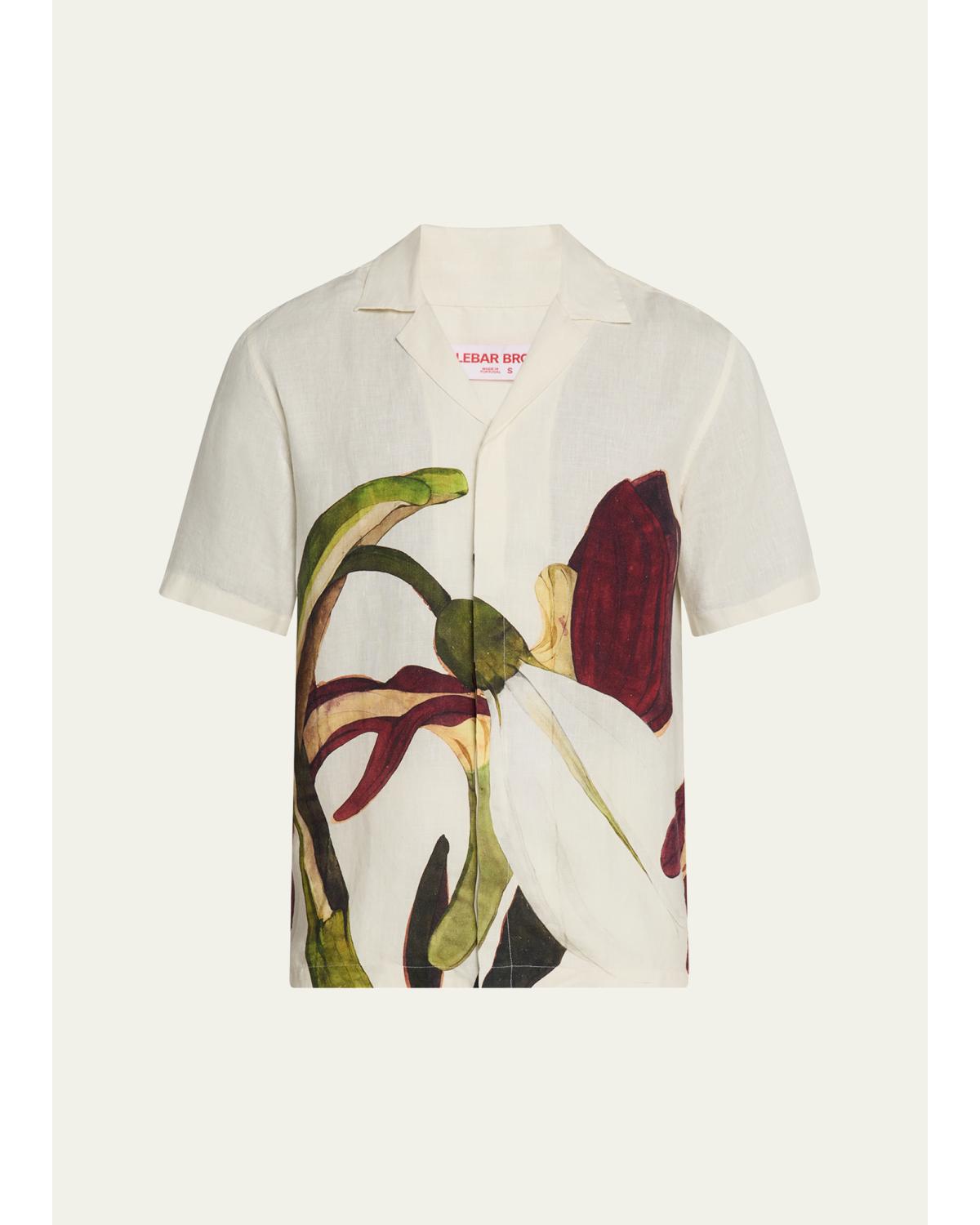 Men'S Maitan Linen Orchid-Print Camp Shirt