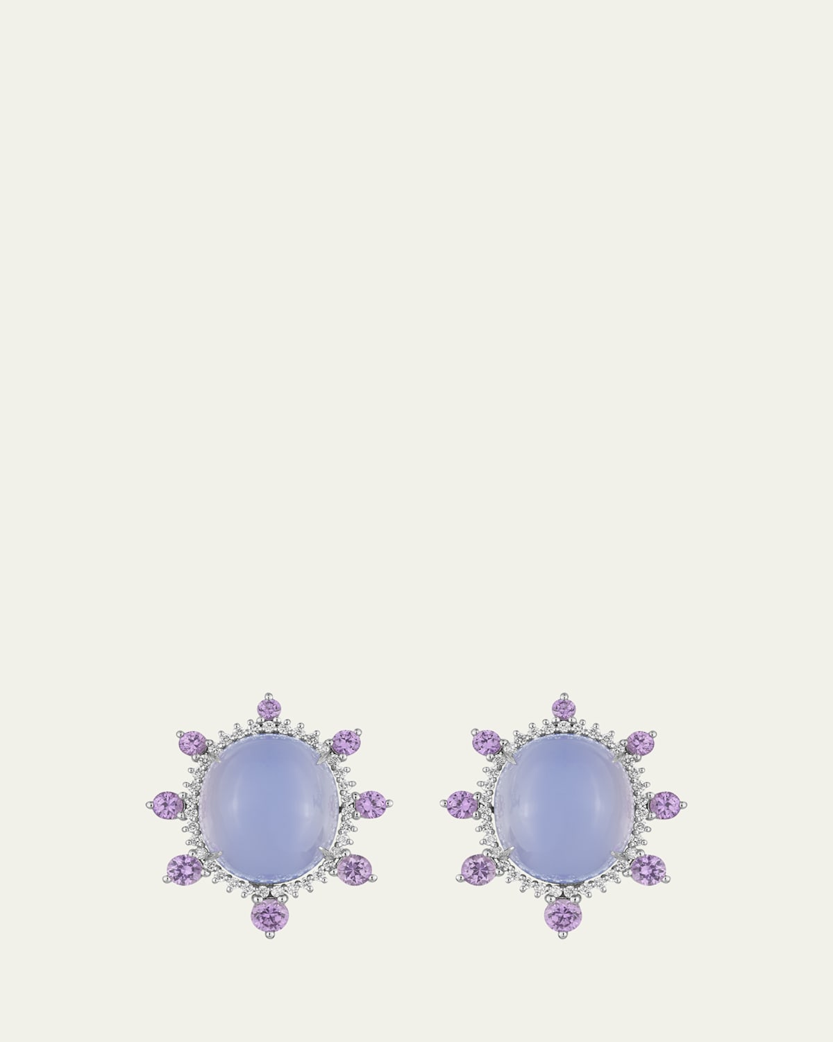18K White Gold Chalcedony Earrings with Diamonds and Purple Sapphires