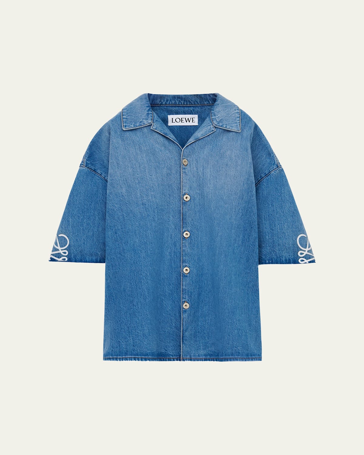 Loewe Men 's Washed Denim Anagram-Sleeve Camp Shirt