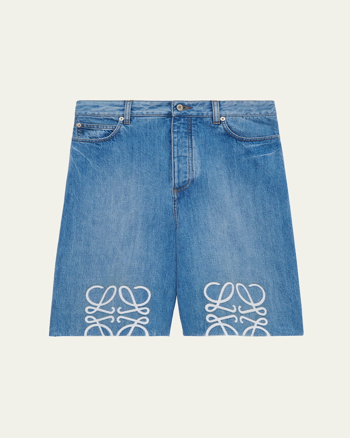 Loewe Men's Maxi-anagram Washed Denim Shorts In Blue