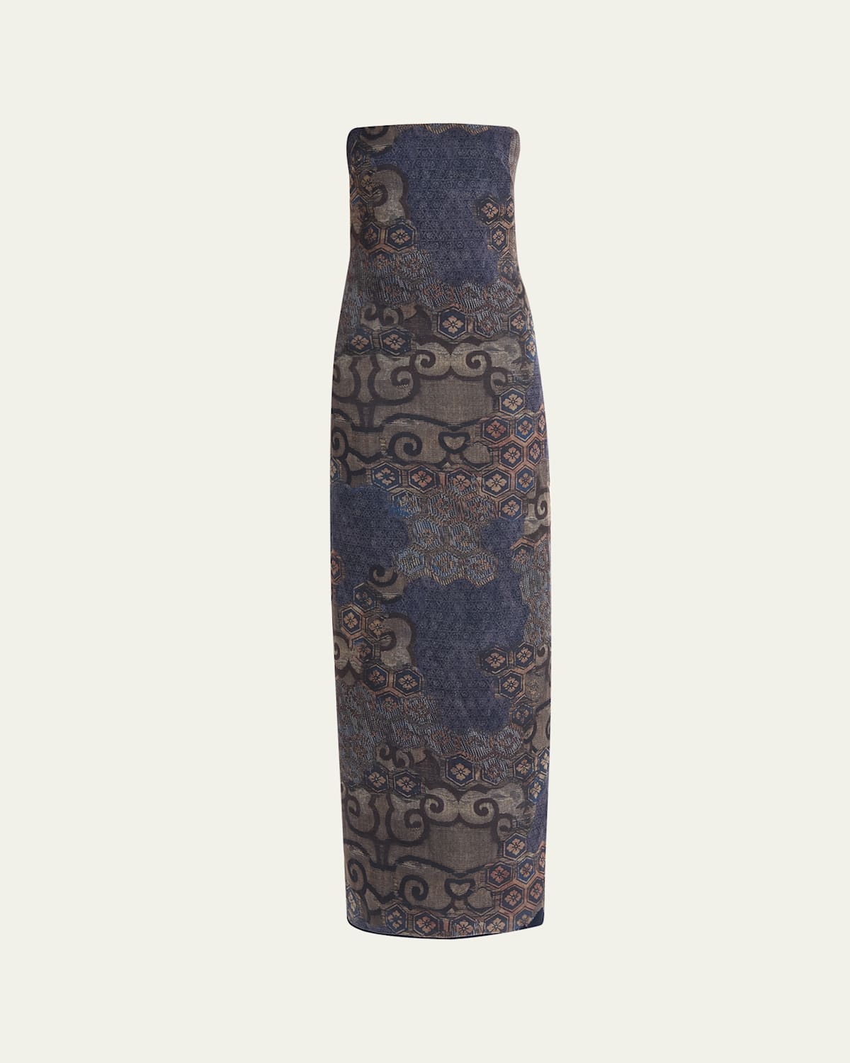 Giorgio Armani Strapless Tile-print Silk Gown In Blue