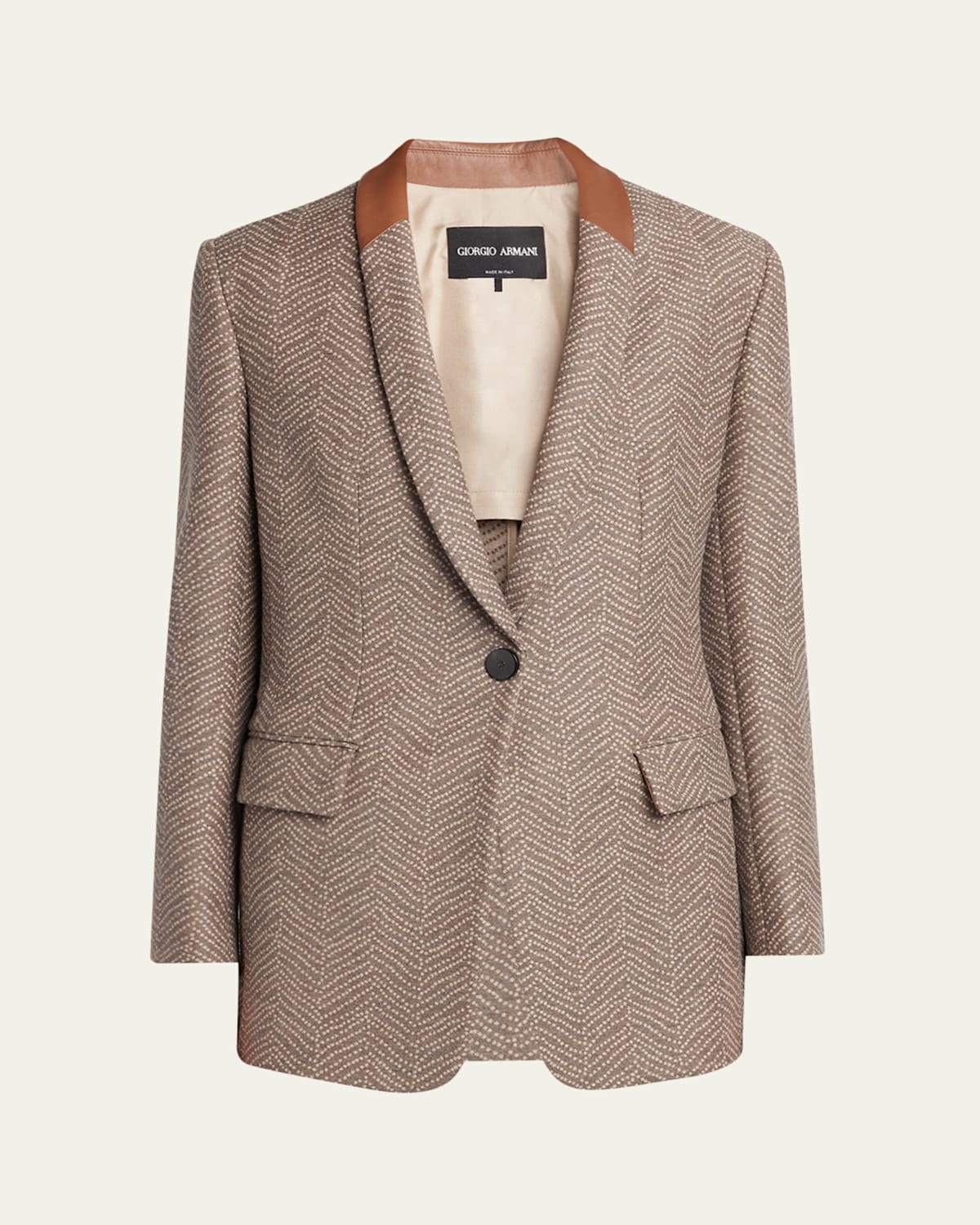 Chevron Wool Single-Breasted Blazer with Leather Trim