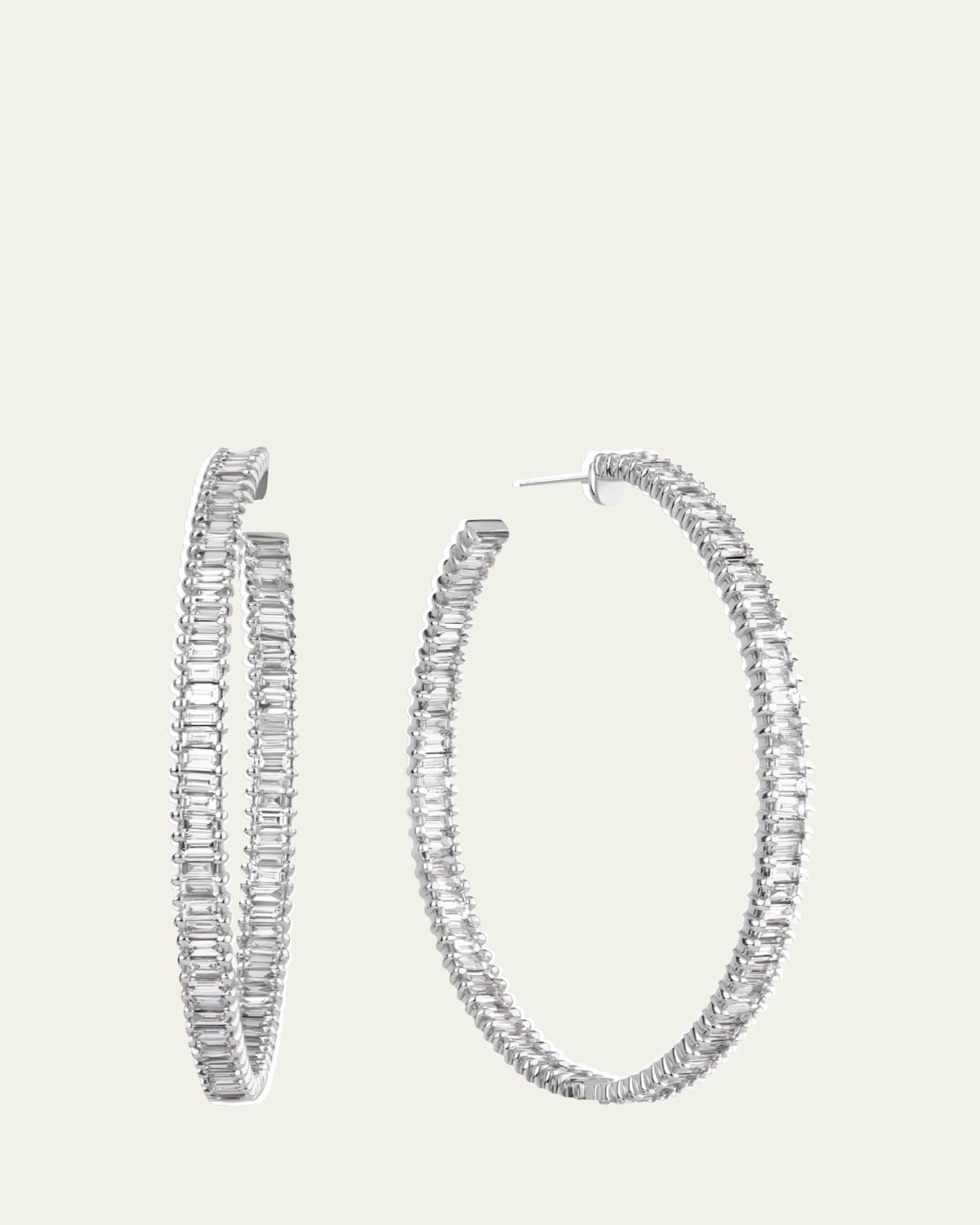 14K White Gold Inside and Outside Diamond Baguette Hoop Earrings, 40mm