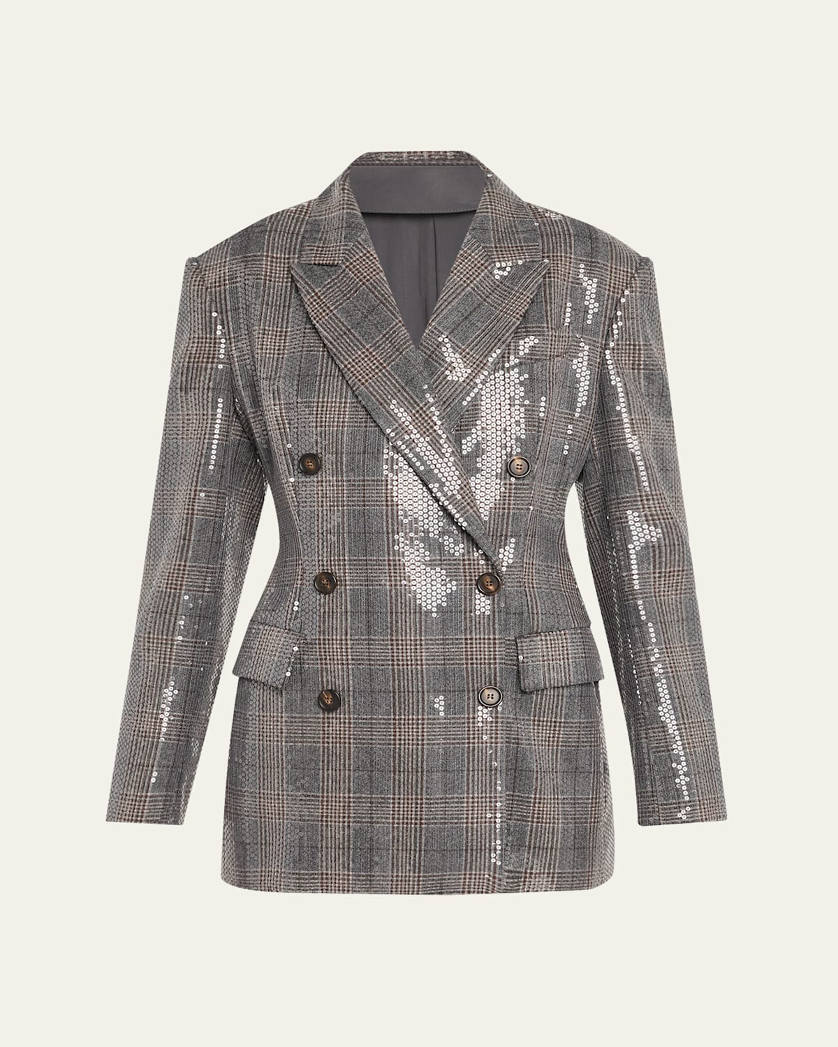 Brunello Cucinelli Glam Check Sequined Double-breasted Blazer In Gray