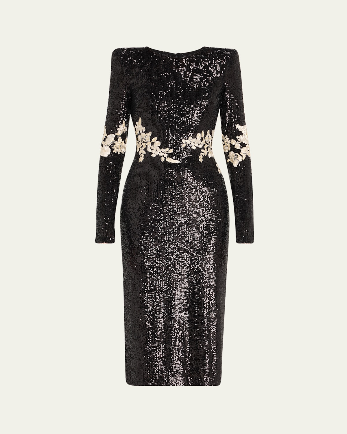 Floral Applique Stretch Sequined Strong-Shoulder Midi Dress