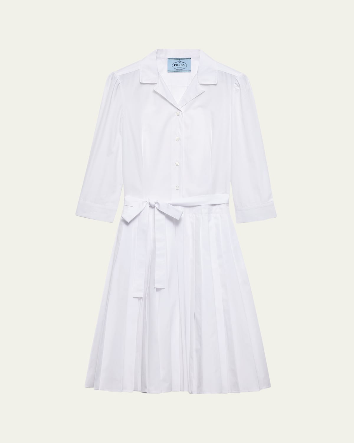 Prada Pleated Popeline Neck-tie Shirtdress In White