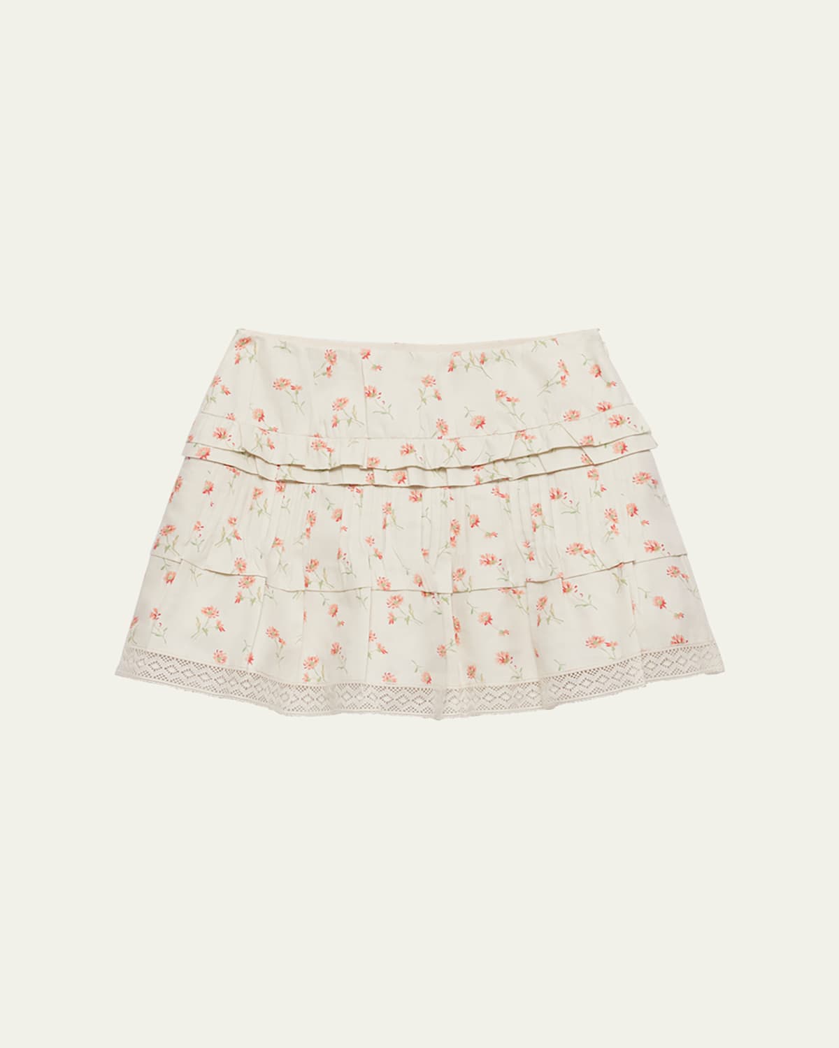 Shop Prada Flower Print Tiered Ruffle Linen Mini Skirt