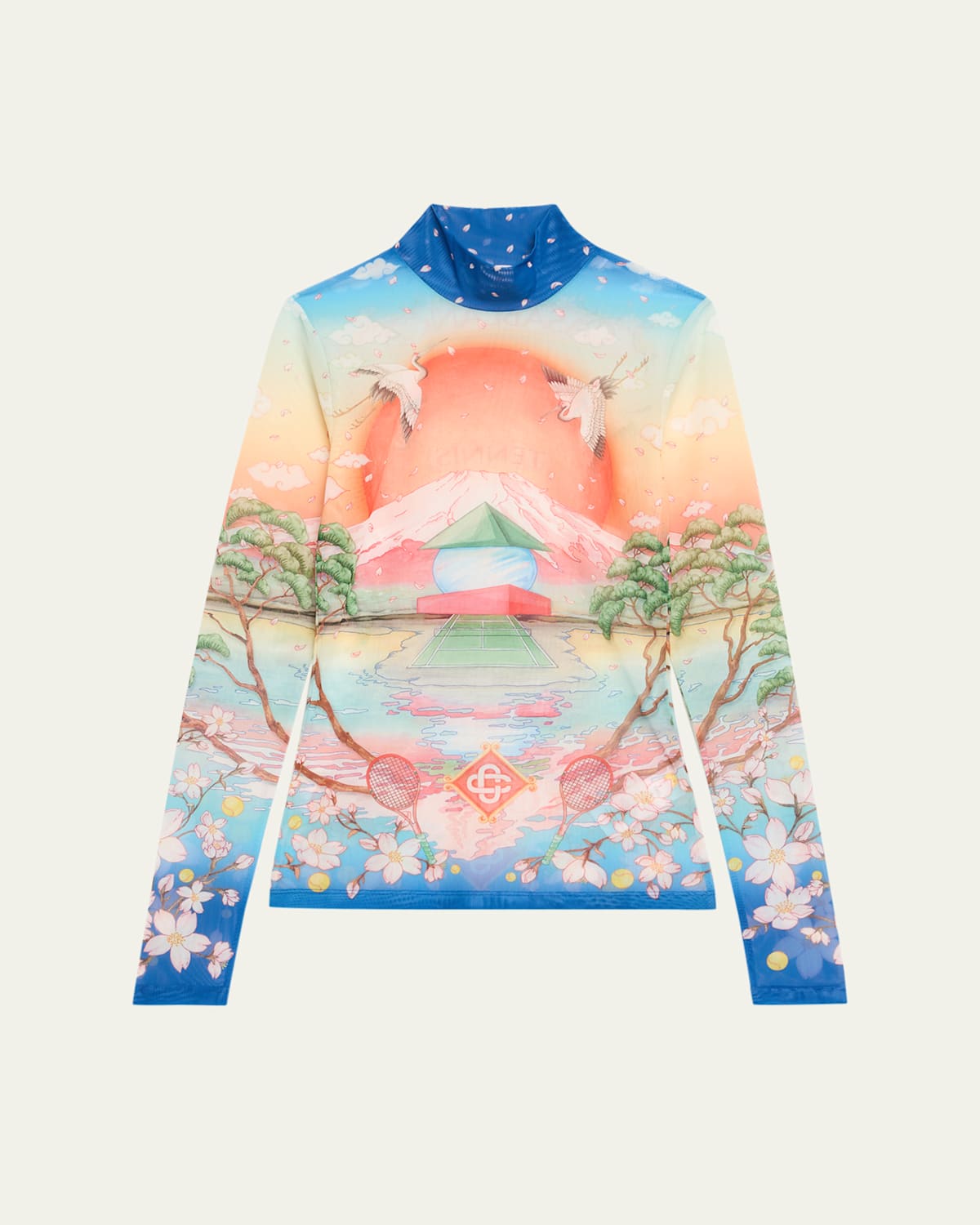 Casablanca High Neck Tulle Top With Multicolor Landscape Print In Multi