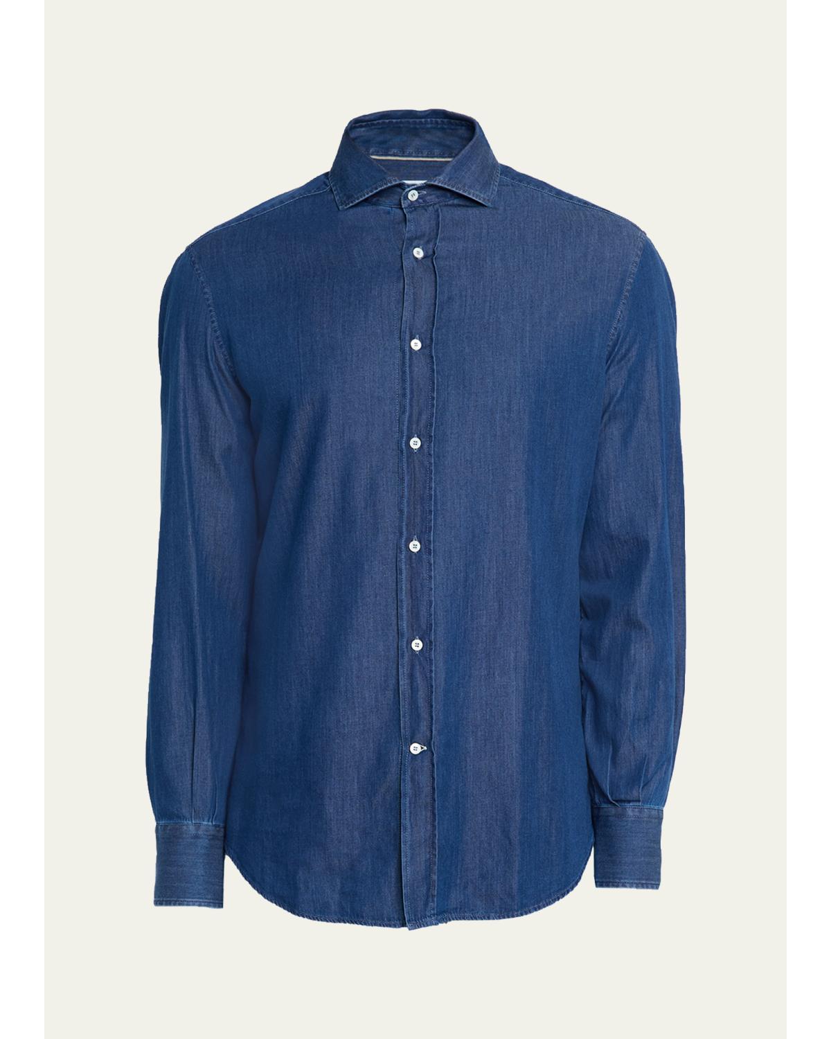 Men'S Denim Spread Collar Button-Down Shirt