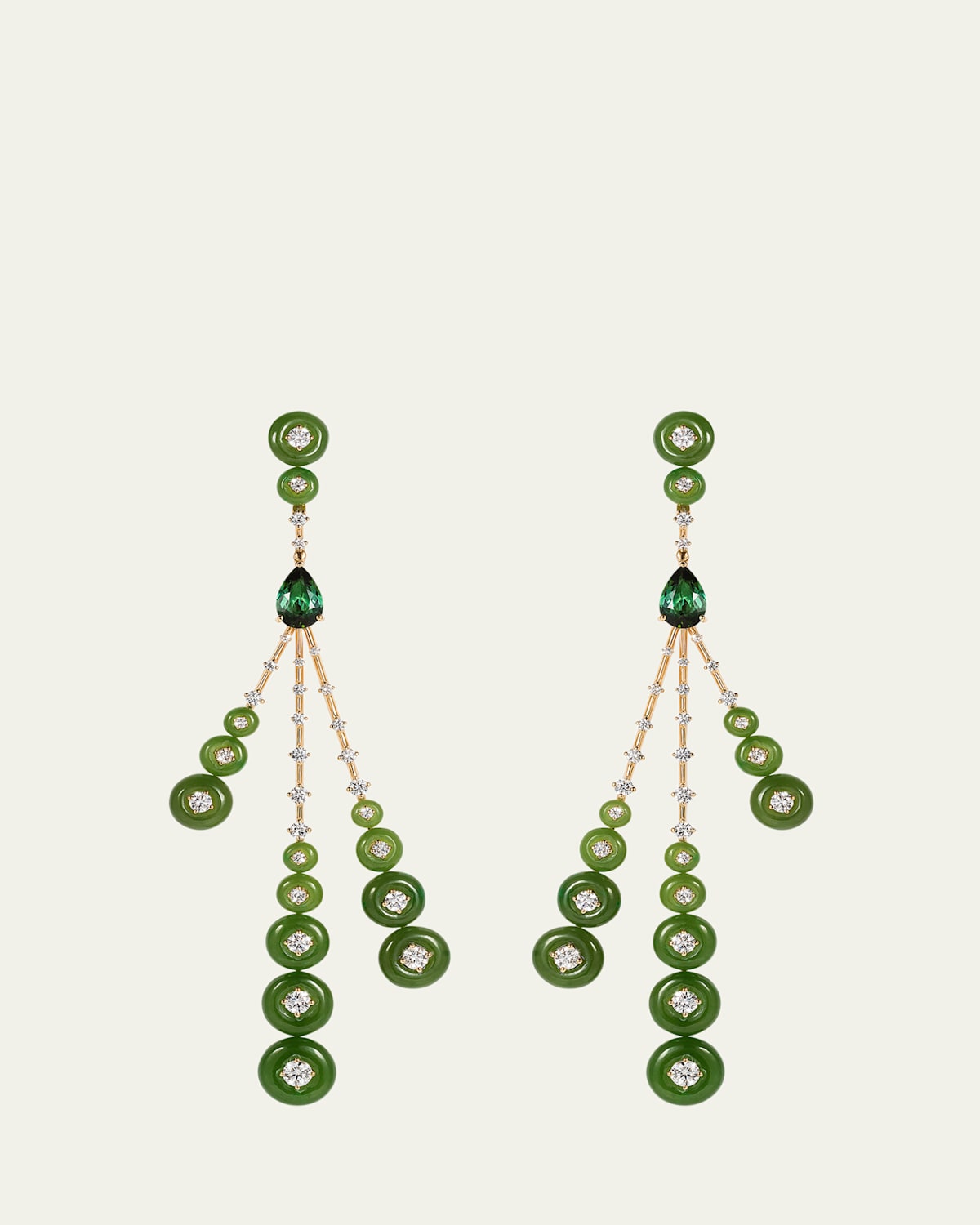 18K Yellow Gold Rocket Earrings with Diamonds, Tourmaline and Jade